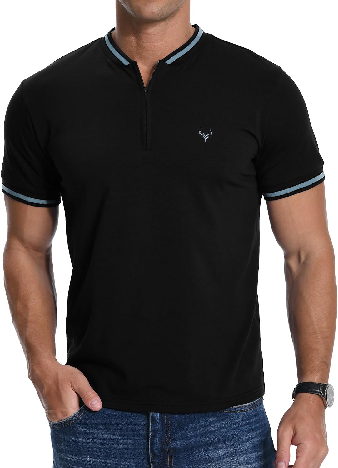 Thumbnail 6 de PCEAIIH Men's Henley T-Shirt with Zip Stand Neck and Deer Head Embroidery