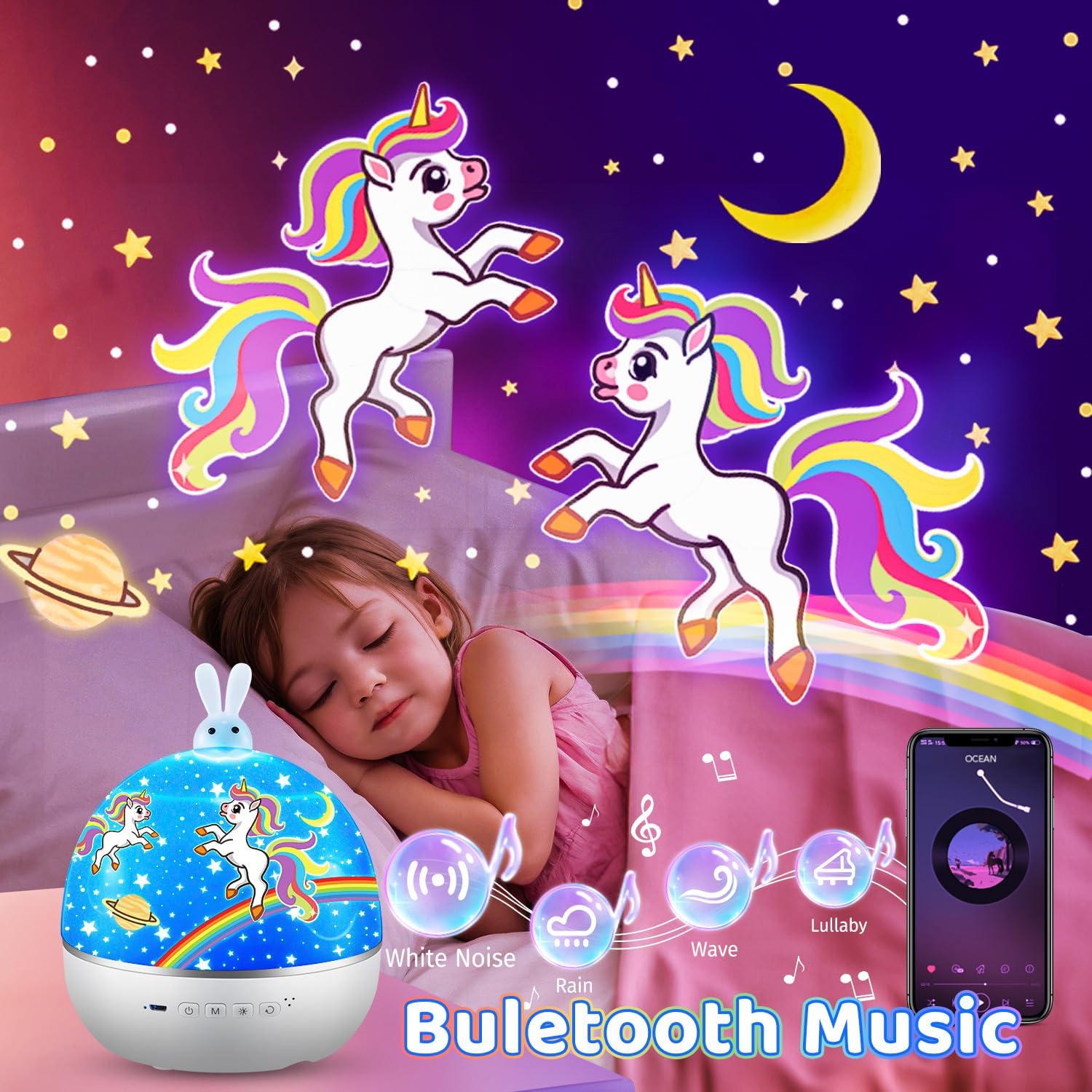 Detalle de One Fire Night Light Projector: 15 Films, Bluetooth Music and 360° Projection for Kids