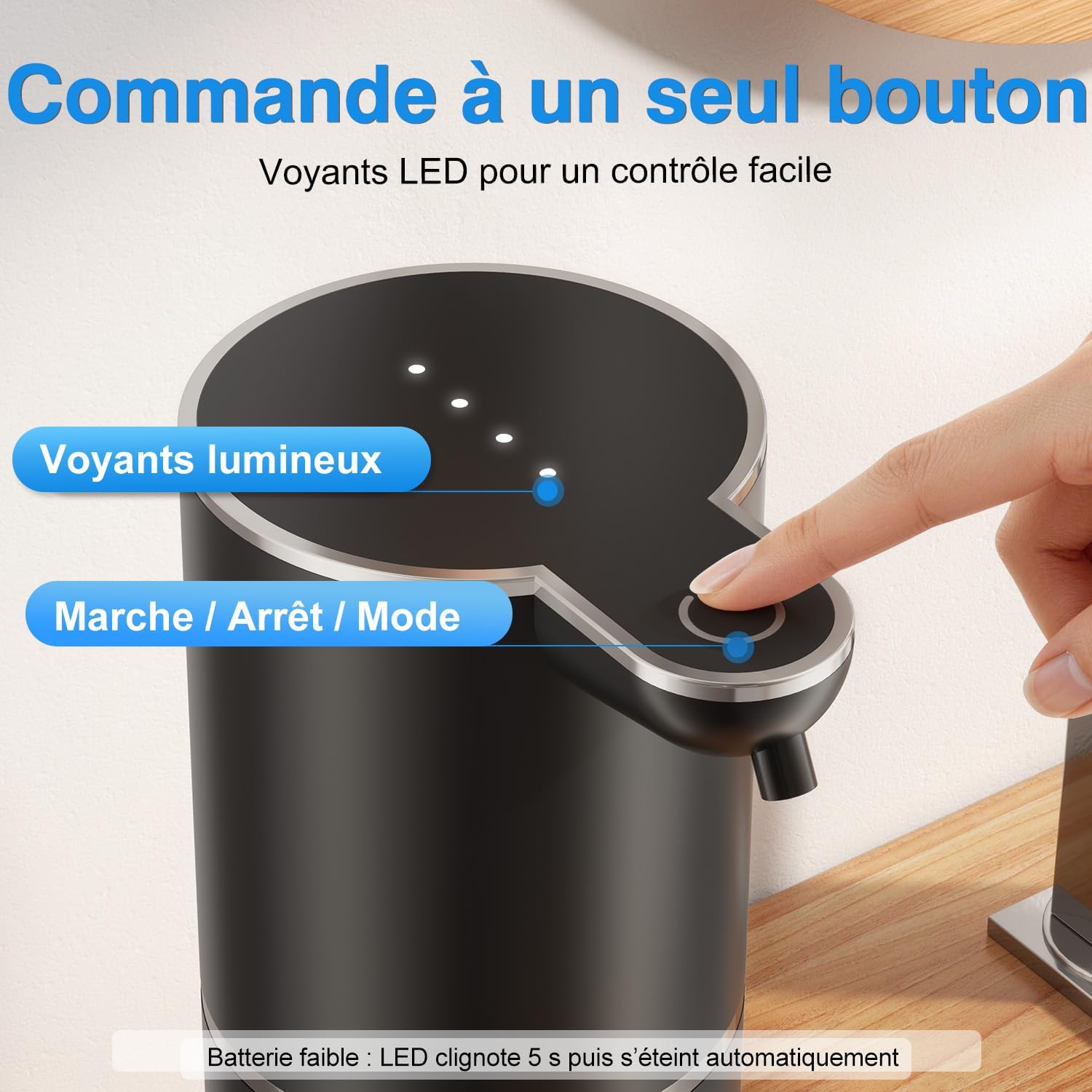 Detalle de Distributeur de Savon Automatique en Mousse, sans Contact, 380 ml, Montage Mural et USB, IPX5 – Noir