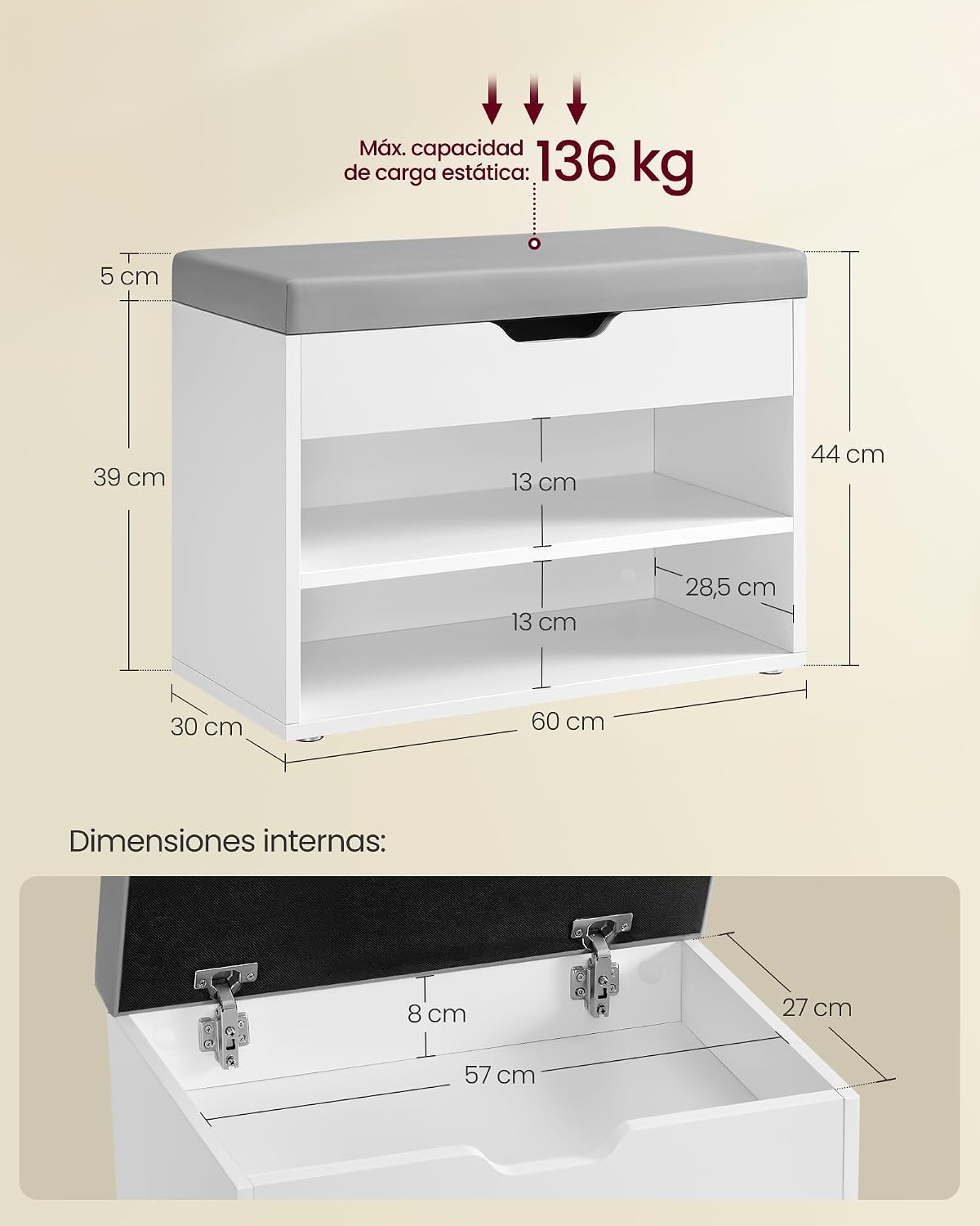 Detalle de VASAGLE LHS020W01 Banco zapatero 30 x 60 x 44 cm