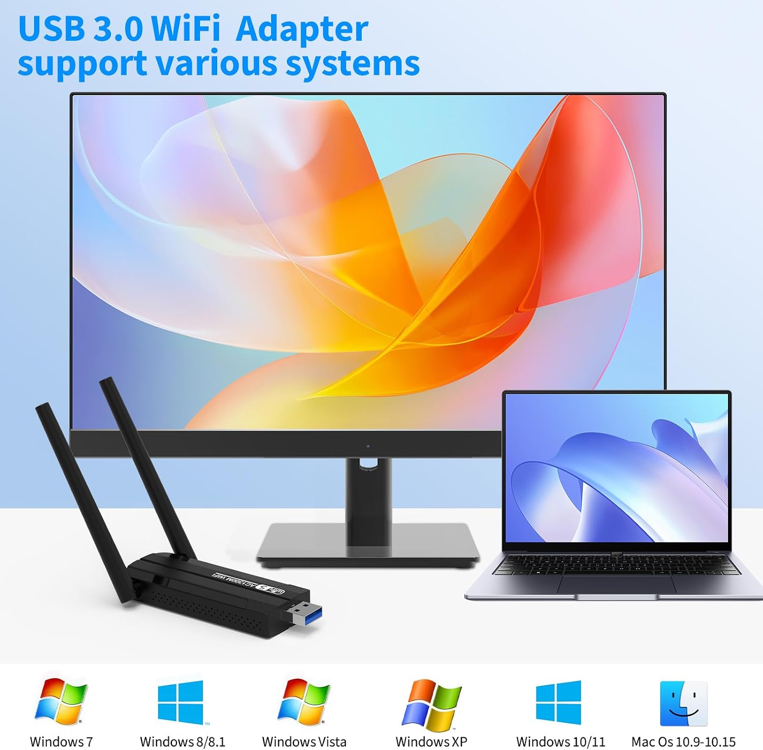 Detalle de USB WLAN Stick Adapter für PC – 1300 Mbps, USB 3.0, Dual Band 2.4/5.8 GHz mit 2x5 dBi Antennen