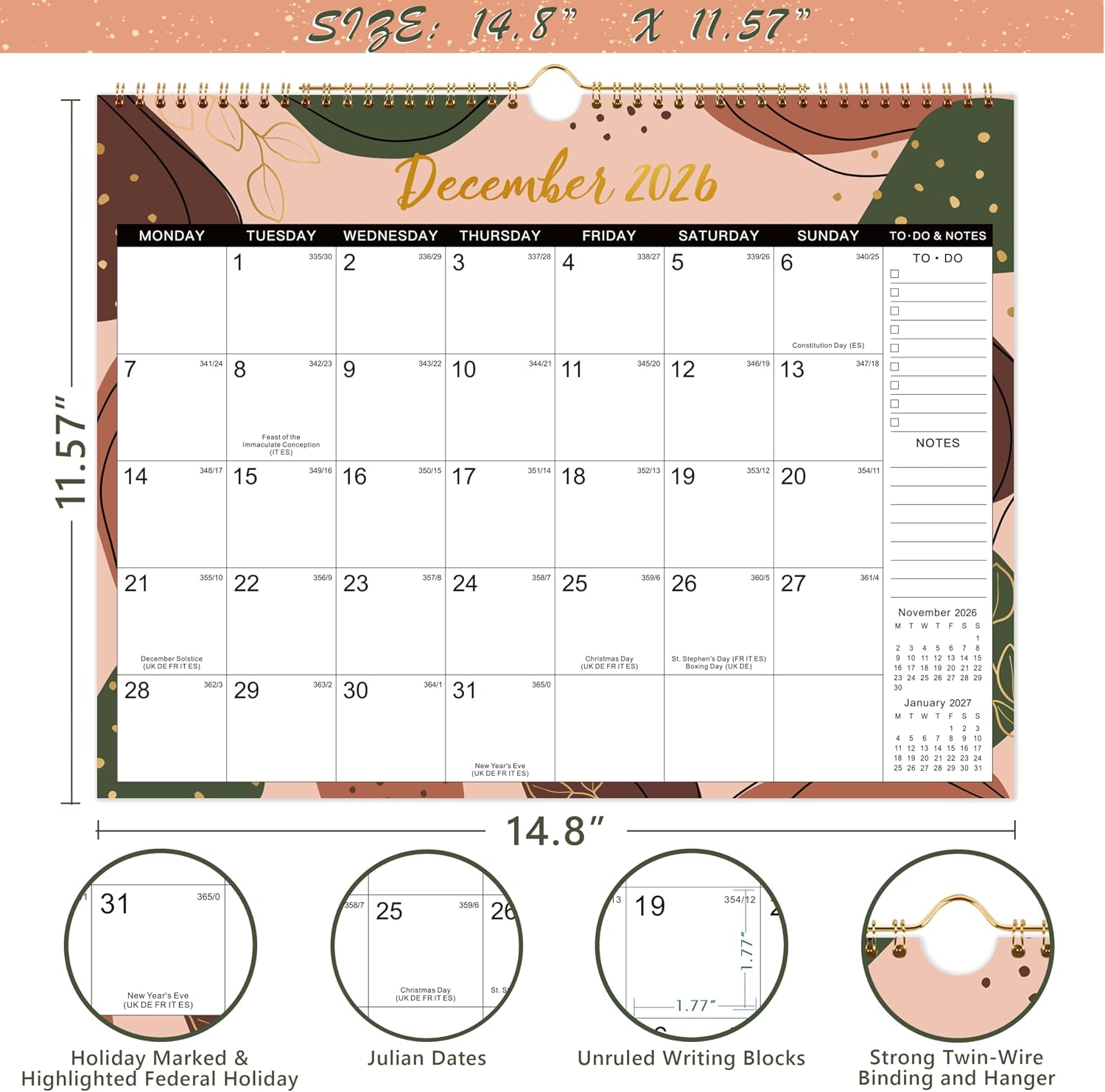 Detalle 2 de Calendar 2026 Wall Calendar 37.6 x 29 cm 📅