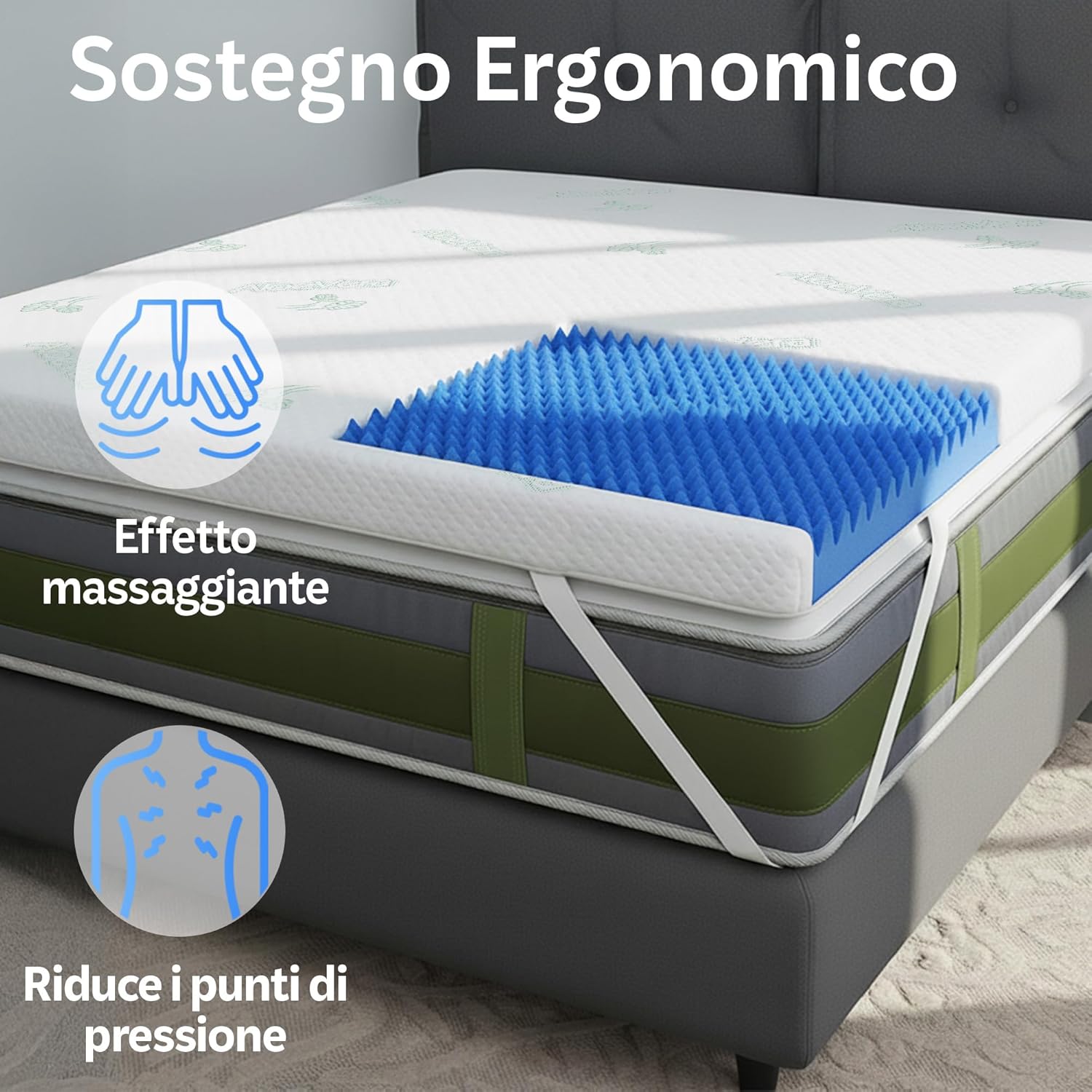 Detalle de Topper singolo 80x200 in Memory Foam ad Alta Densità 8 cm | Correttore materasso sfoderabile in Aloe Vera | Coprimaterasso imbottito rinfrescante e massaggiante
