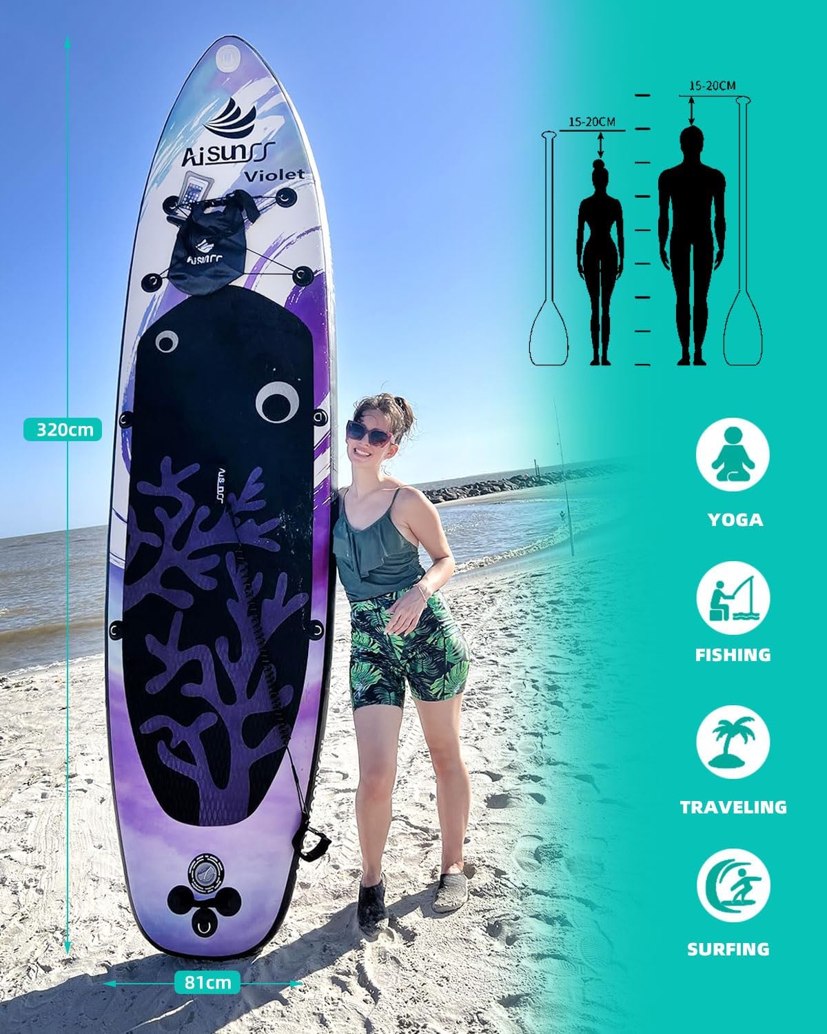 Thumbnail 5 de AISUNSS Aufblasbares Paddleboard Purple Coral – Breites, stabiles SUP-Board-Set mit umfangreichem Zubehör