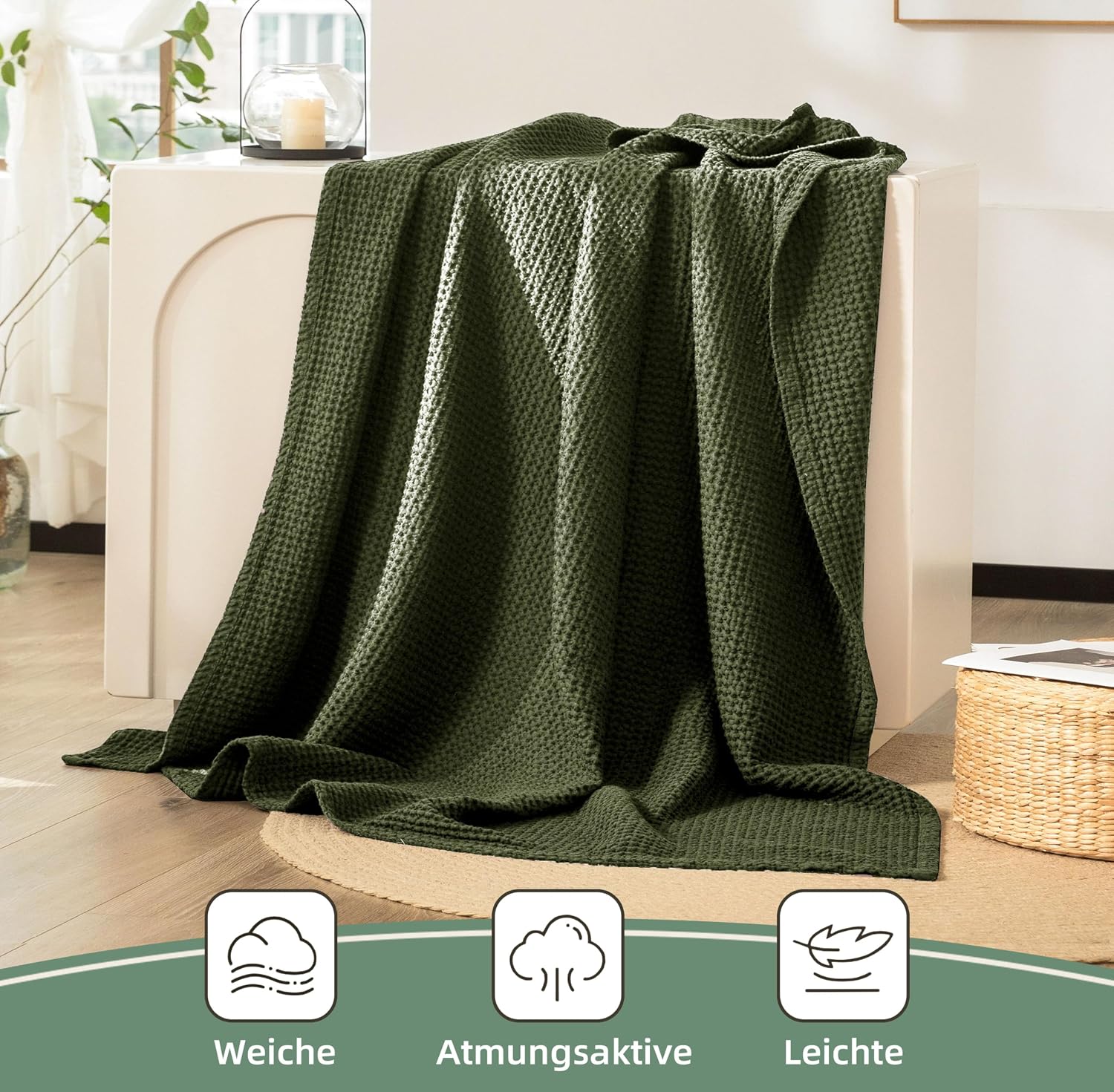 Detalle 2 de CHUFFED 100% Baumwolle Decke 220 × 240 cm – Olivgrün, weiche und atmungsaktive Waffel-Decke