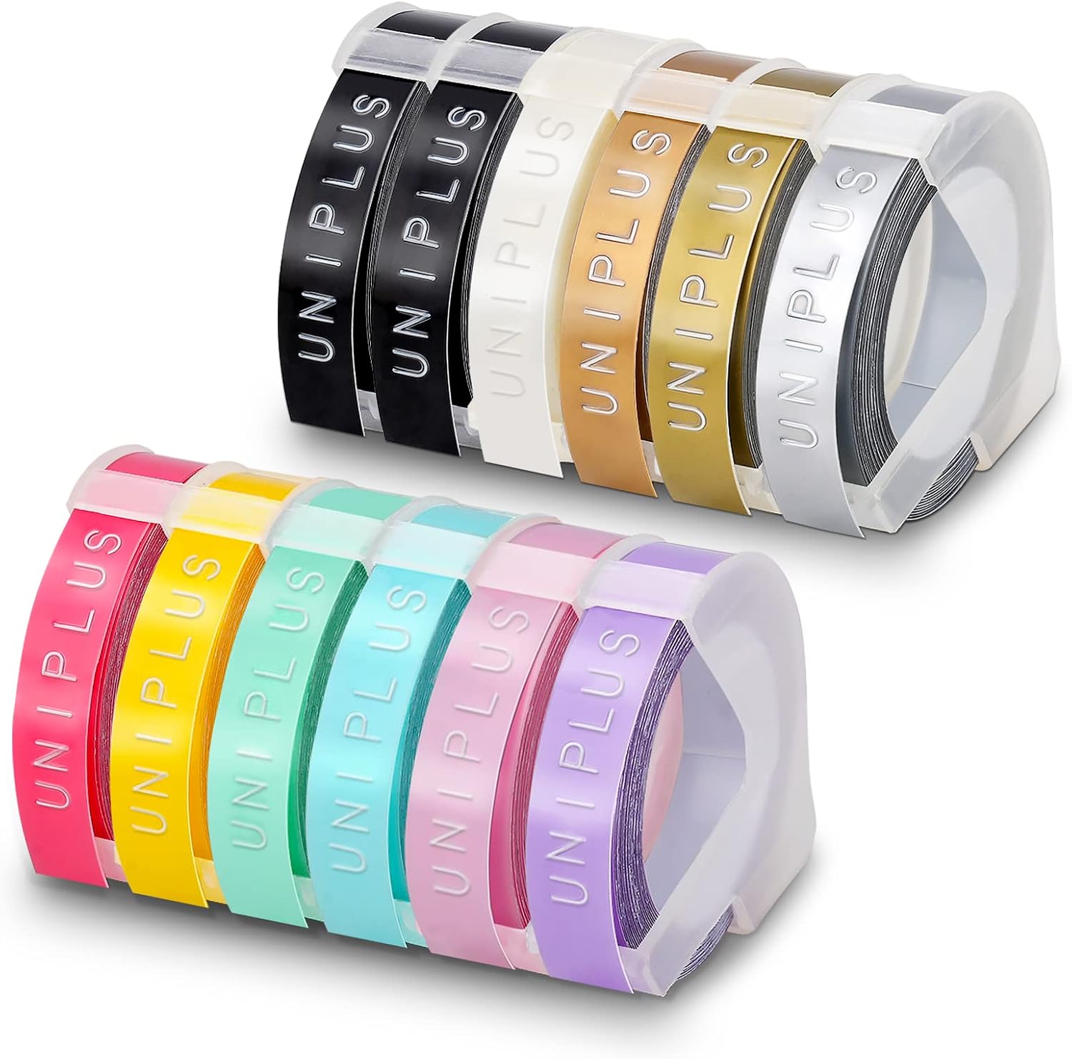Detalle de UniPlus Omega kompatibles 9 mm x 3 m Etikettenband – 12 Rollen Ersatz für Dymo Omega Embosser