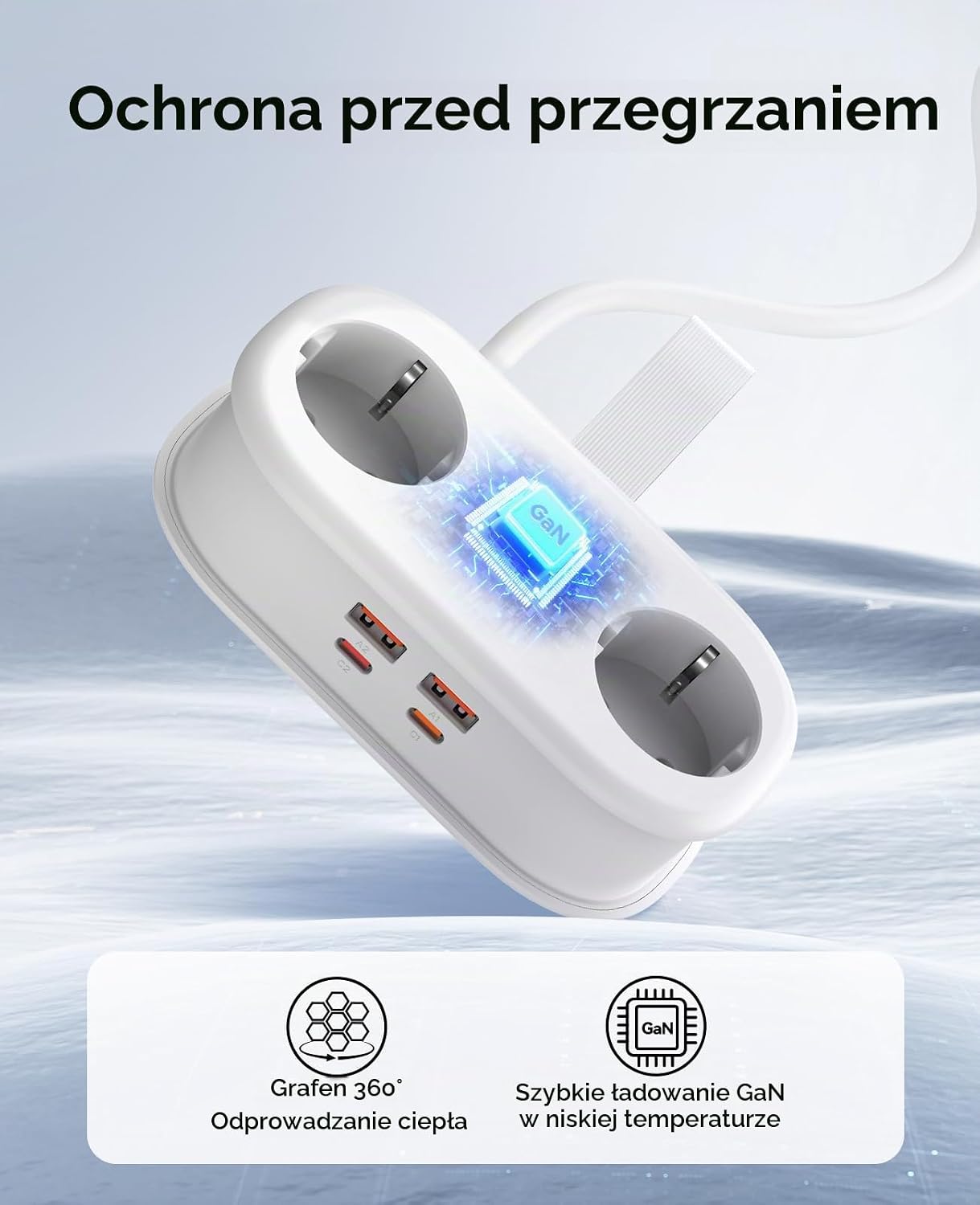 Detalle de ORICO AP3 – podróżna listwa zasilająca GaN 65 W, 2 gniazda i 4 porty USB