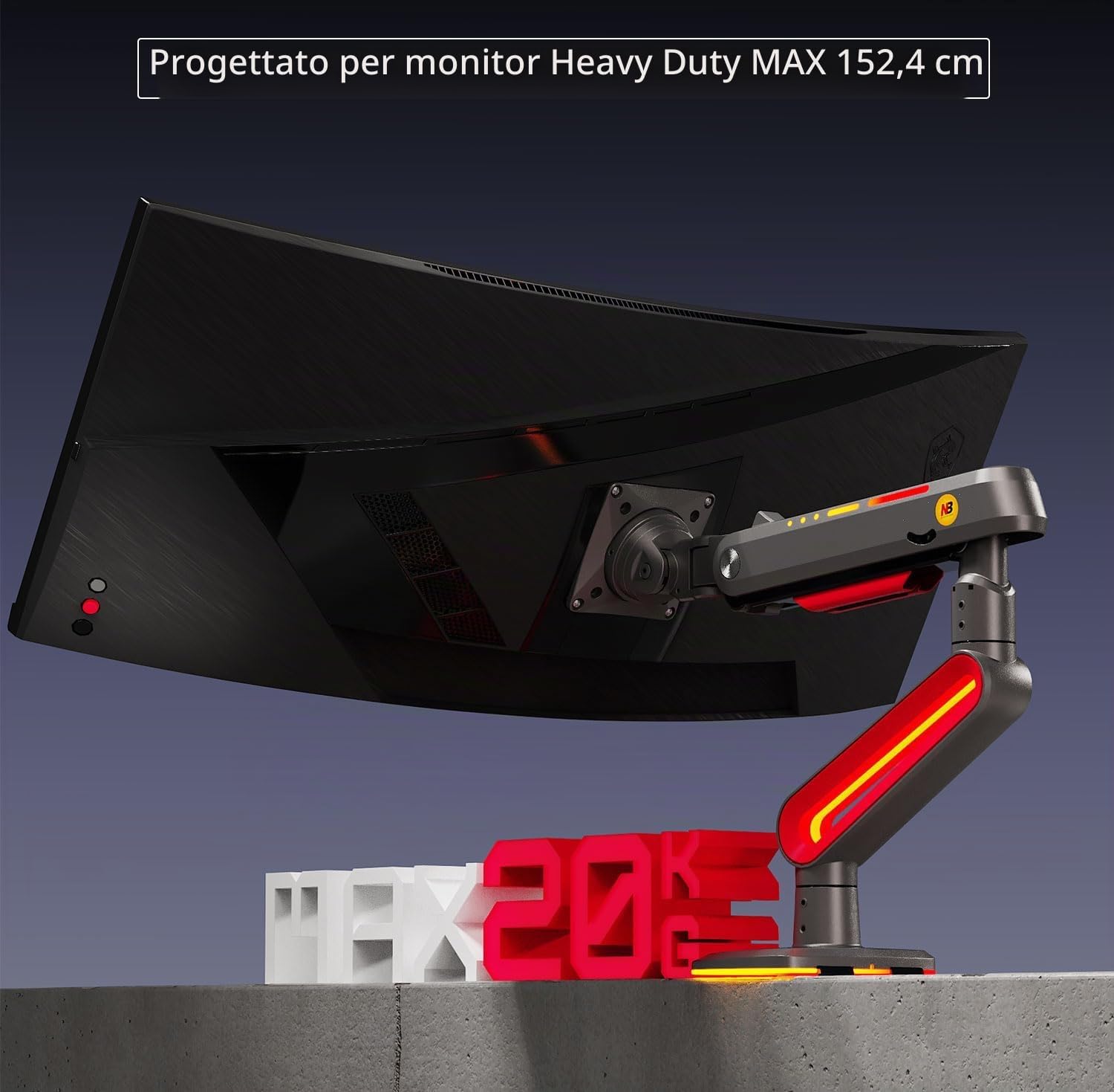 Detalle de NB Ergonomic RGB Supporto per monitor 32–60 pollici, braccio fino a 20 kg, VESA 75/100, rosso