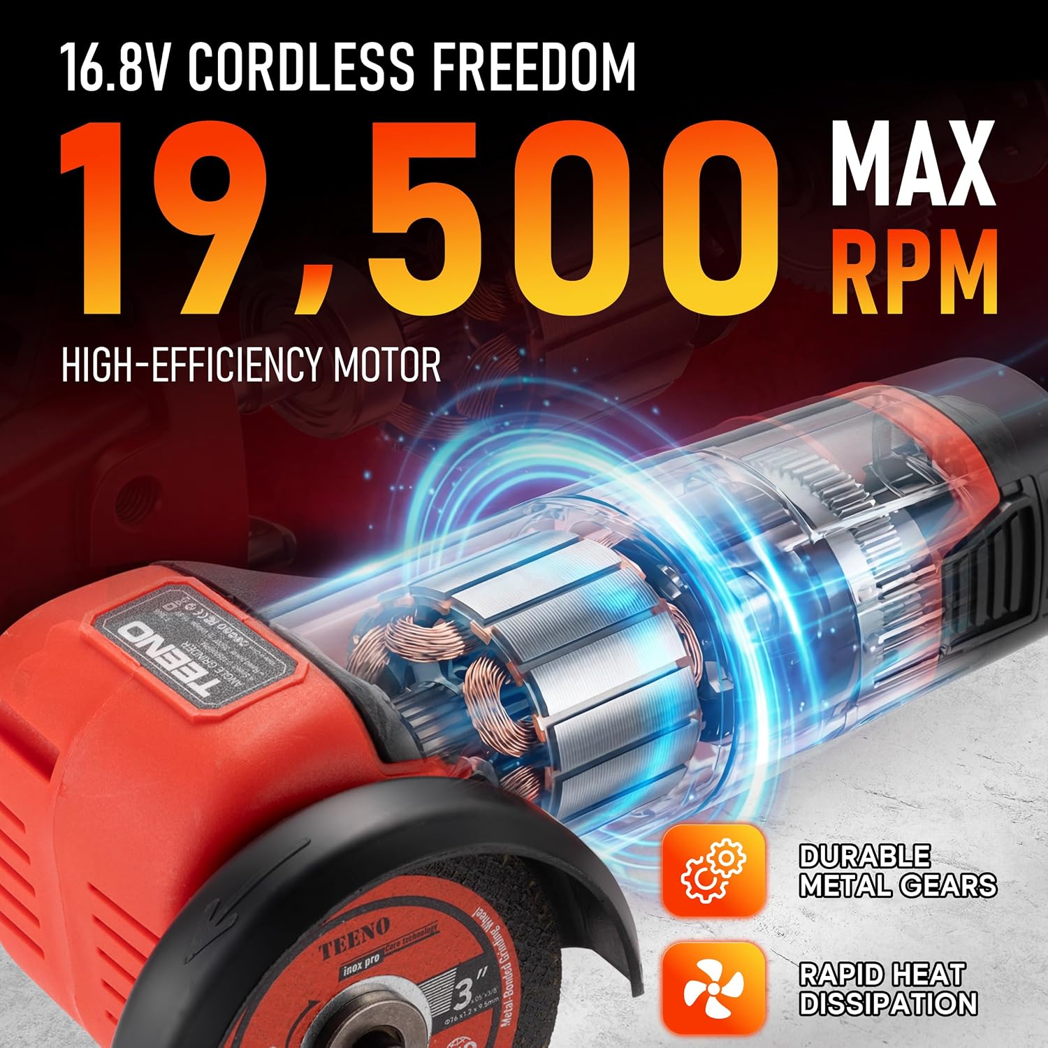 Detalle de TEENO Cordless Angle Grinder Kit, 3-Inch, 19,500 RPM, 16.8V