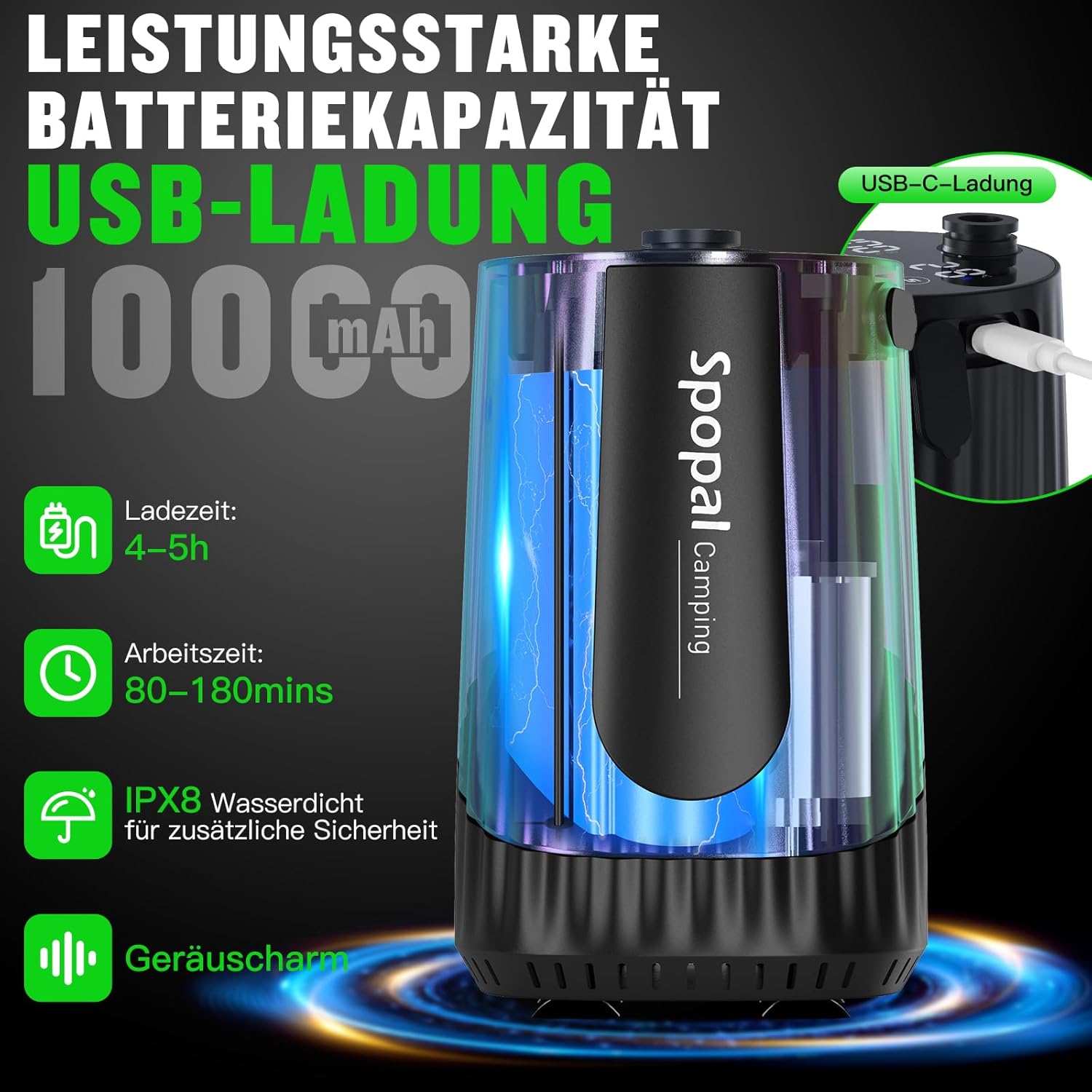 Thumbnail 1 de Spopal Campingdusche Aktualisierte Version – Tragbare Dusche mit 10000 mAh Akku, IPX8, 5-Stufen-Durchfluss