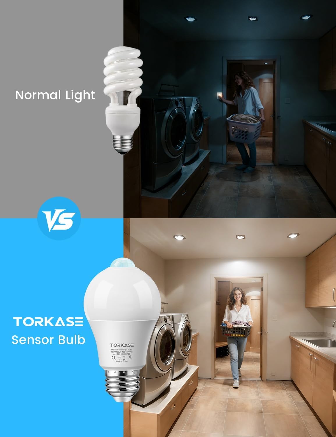 Detalle 2 de Torkase QP6012SA A19 Motion Sensor LED Bulbs, E26, 5000K, 2-Pack