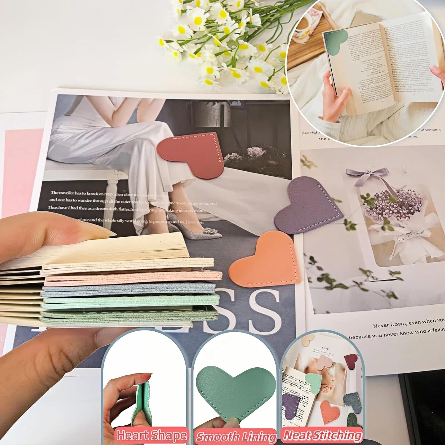 Detalle de OOEOO PU Leather Heart Corner Bookmarks, 8-Piece Multicolor Set