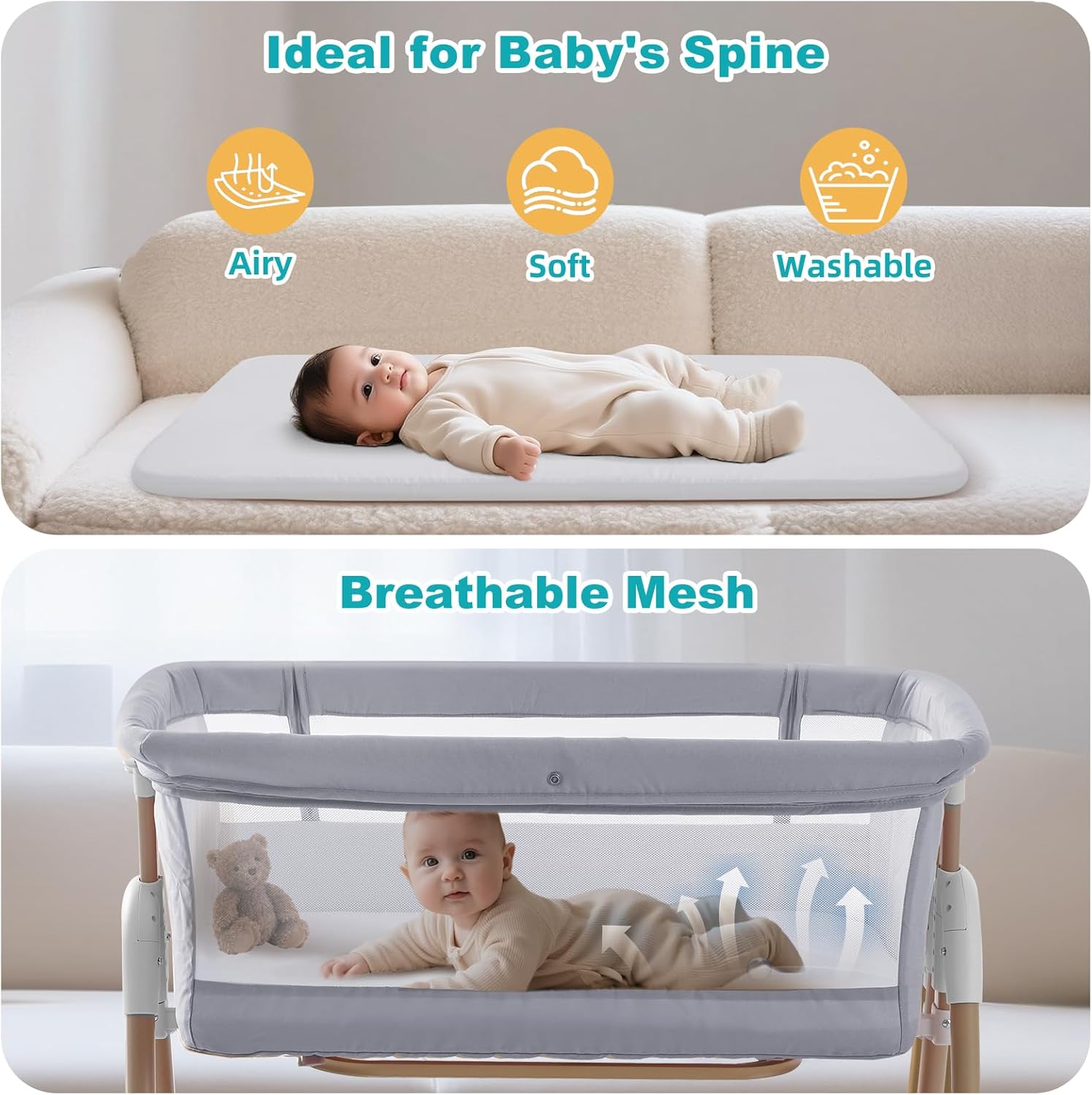 Thumbnail 1 de 3 in 1 Baby Beside Crib (from birth to 9kg) – portable bedside bassinet with adjustable height & incline, lockable wheels, grey