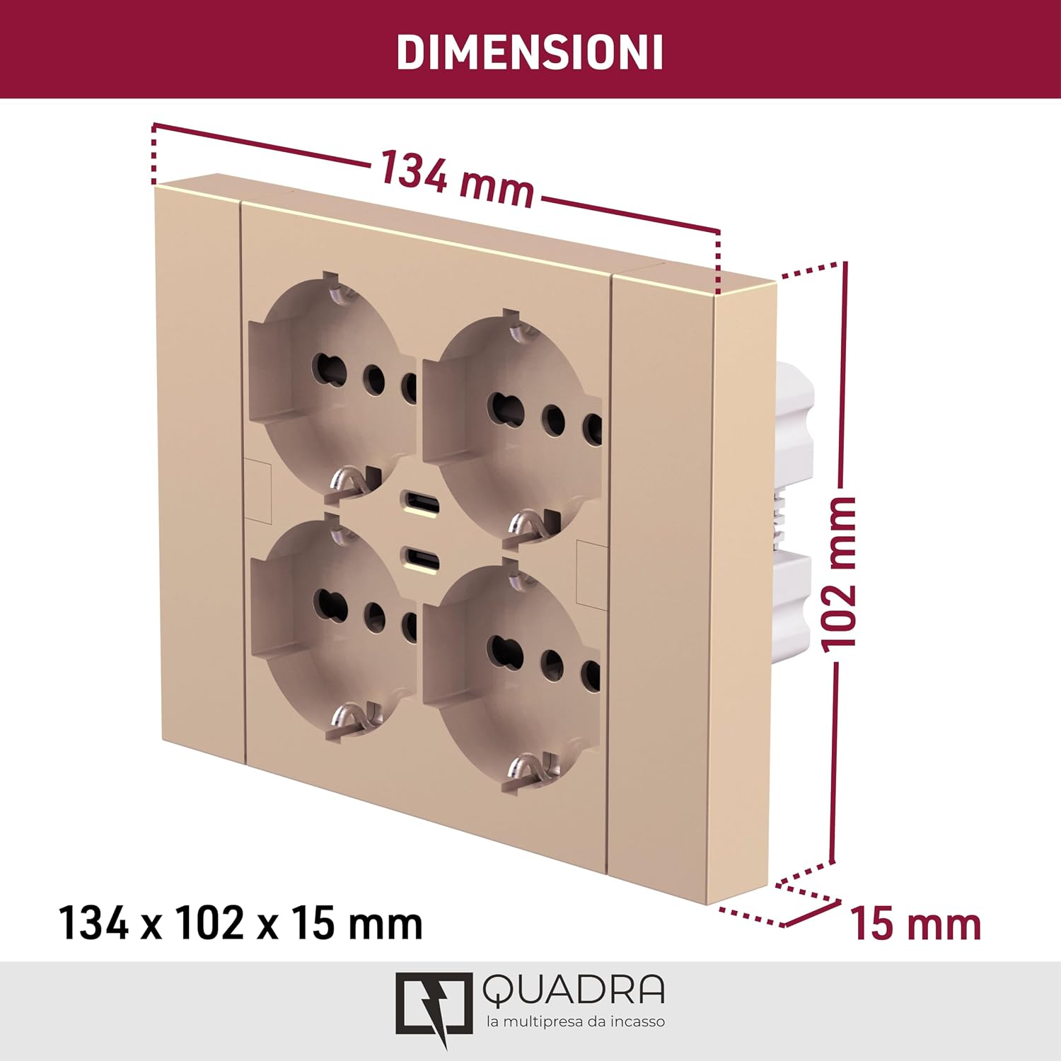 Thumbnail 4 de Electraline 22147 Quadra: multipresa da incasso 4 posti con 2 USB-C (Champagne)