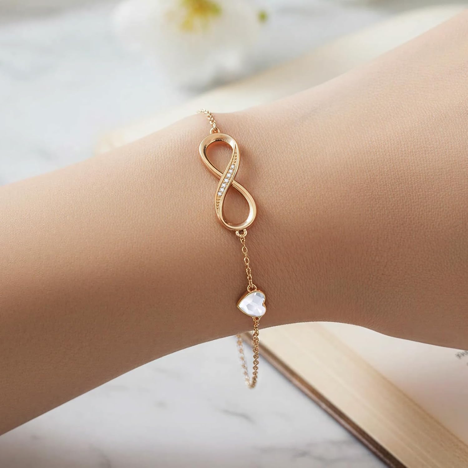 Detalle de Infinity Armband Damen 925 Sterling Silber Rosegold – Unendlichkeit Herz Charm, verstellbar