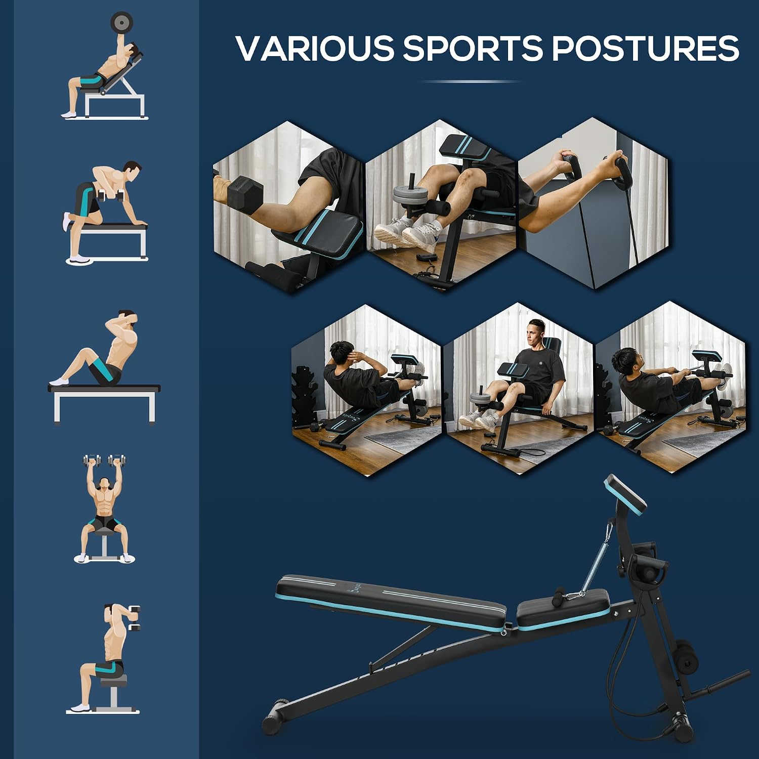 Detalle 1 de Soozier A91-062V00BU Adjustable Weight Bench, Foldable with 7 Incline Positions