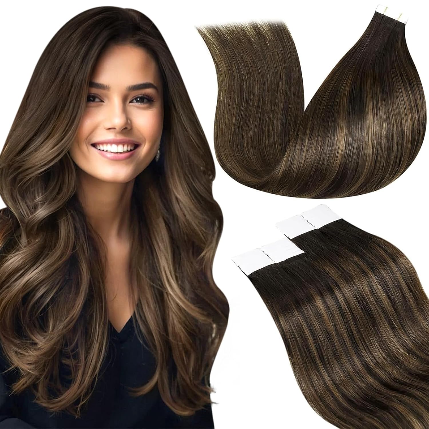 LaaVoo Tape-in Echthaar-Extension Balayage „Braun“ dunkelbraun/hellbraun (30 cm, 30 g, 20 Stück) #2/8/2