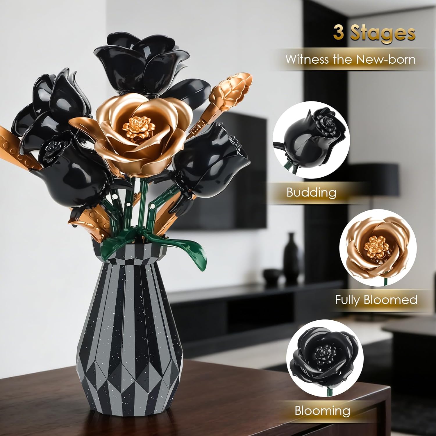 Thumbnail 5 de Black Roses Flower Bouquet Building Set with Vase – 255 Pieces, Gothic Blueprinted Floral Display