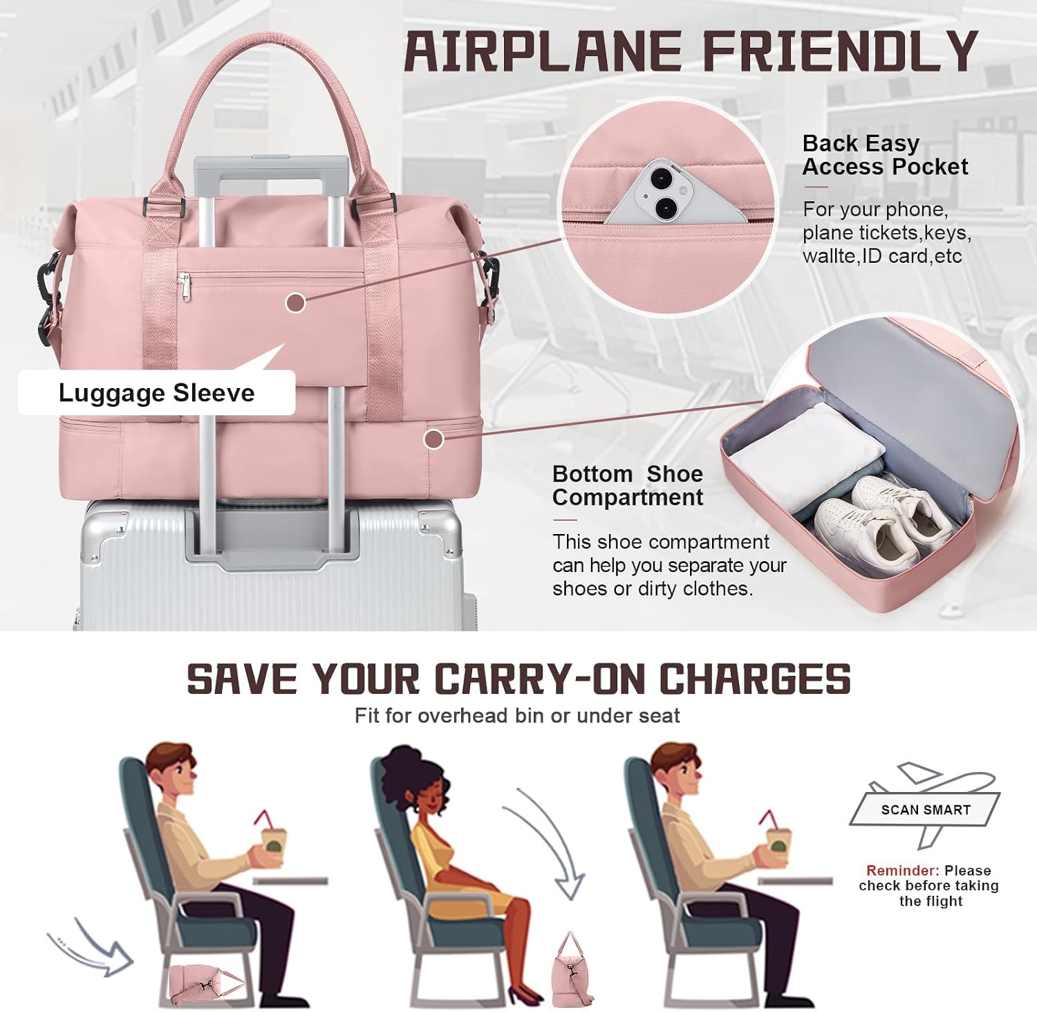 Thumbnail 5 de N3-Rosa Groß Reisetasche Damen Handgepäck Weekender Bag mit Schuhfach, Nassfach und Trolley-Hülle (50 l)
