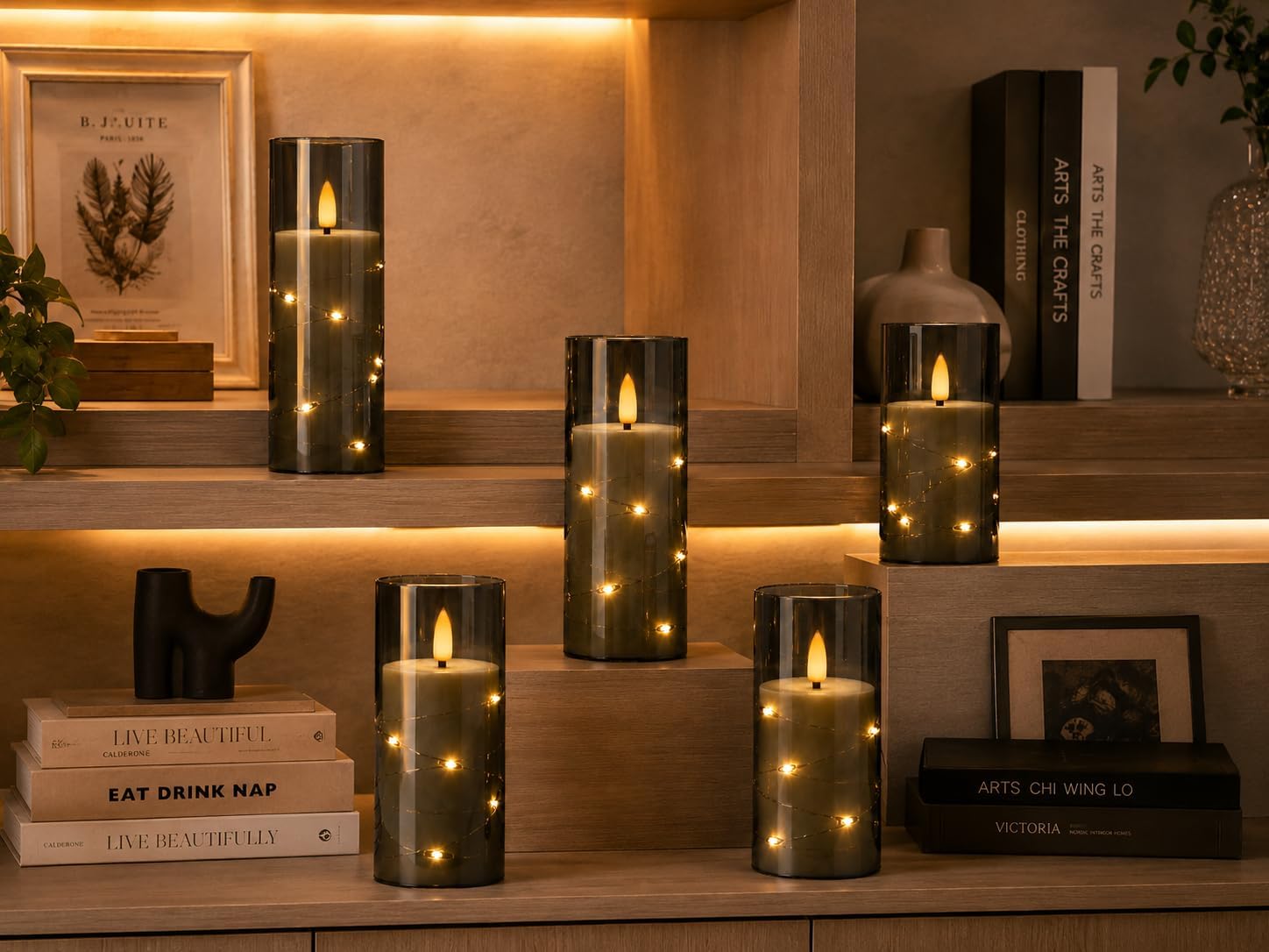 Detalle de Da by 5 Candele LED Grigie con Luci Fatate Avvolgenti – set da 5 candele con telecomando