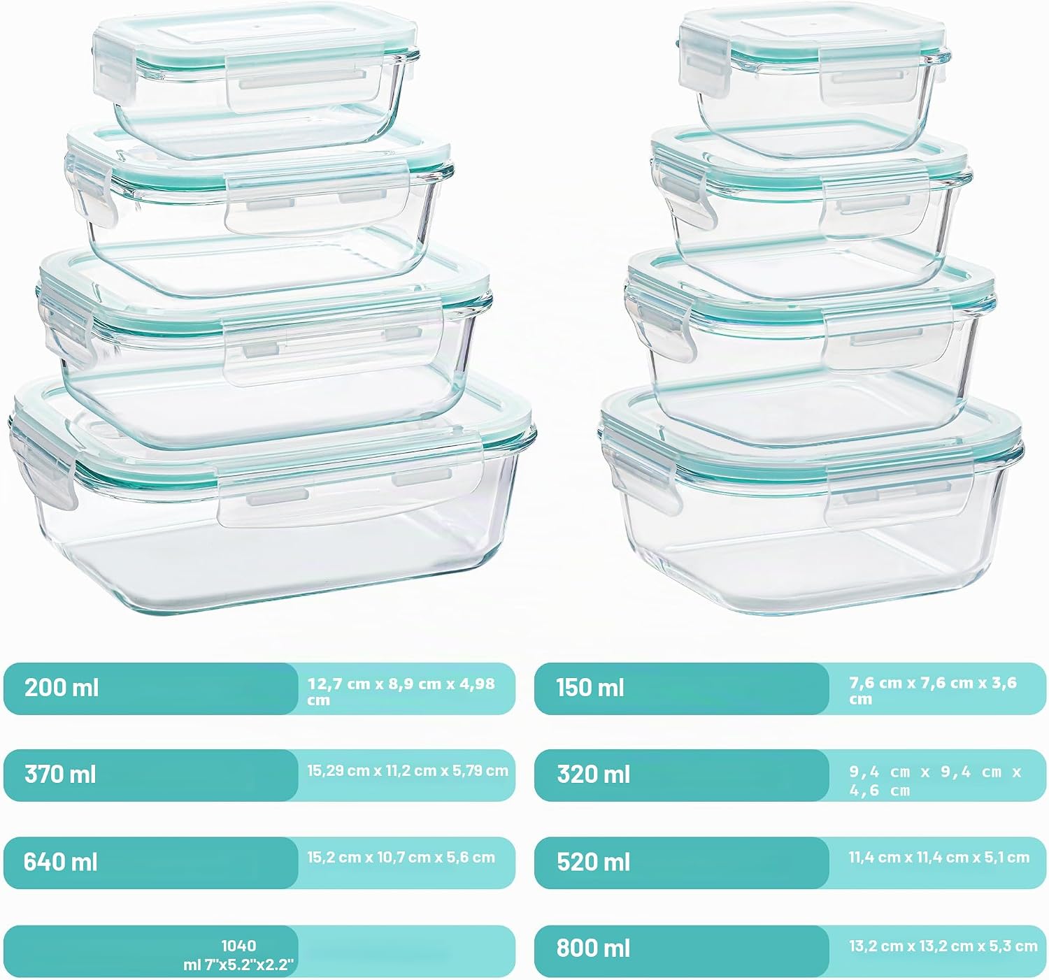 Detalle 2 de Vtopmart set de 8 recipientes de cristal para alimentos (herméticos, apilables y reutilizables)