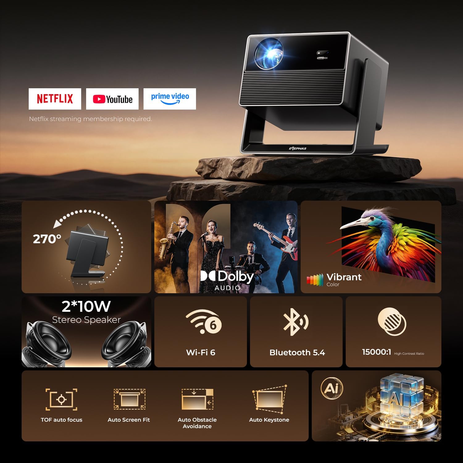 Thumbnail 1 de ELEPHAS Smart 4K Projector with WiFi & Bluetooth — 270° Rotatable Home Theater