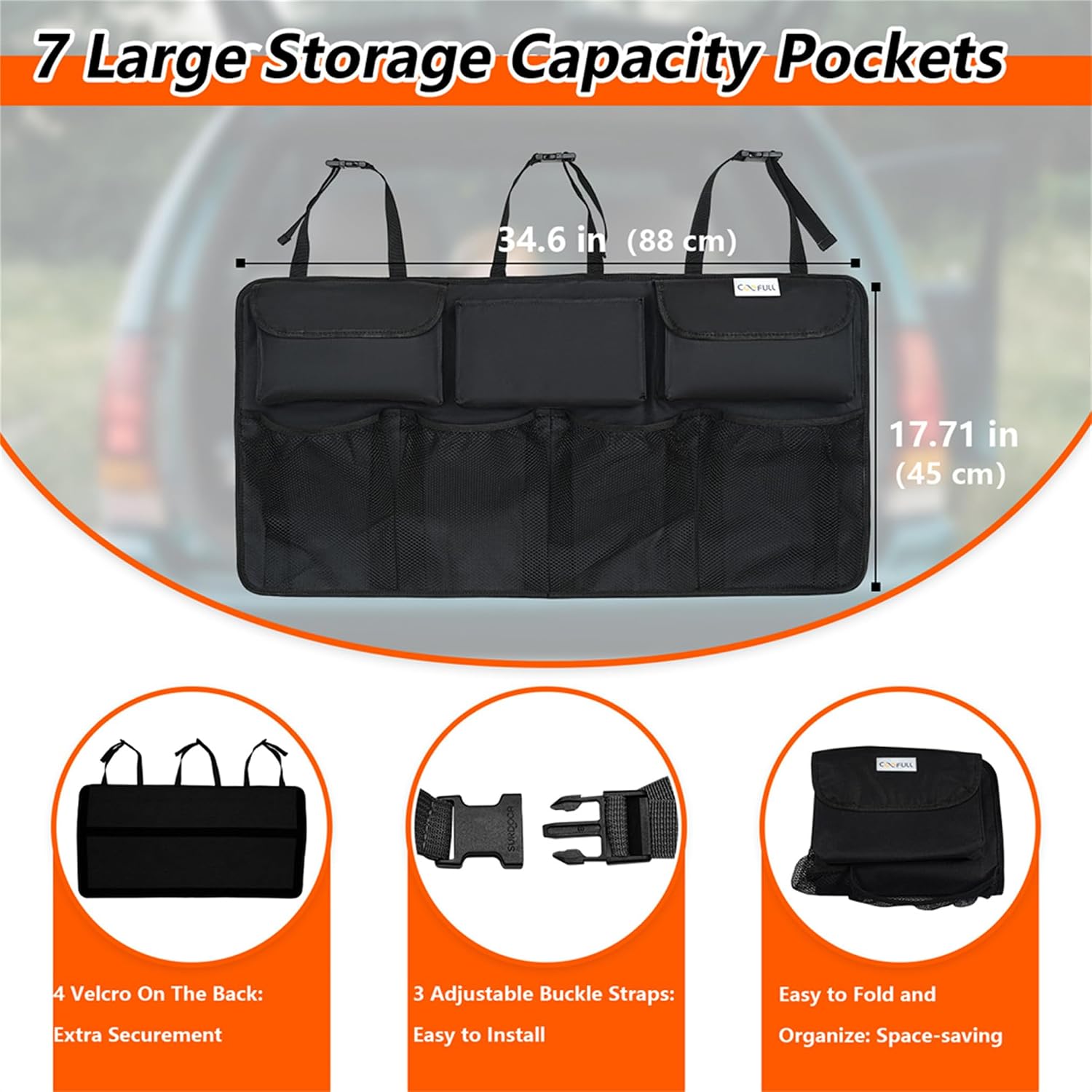 Detalle de COOFULL Car trunk organiser, 600D Oxford cloth