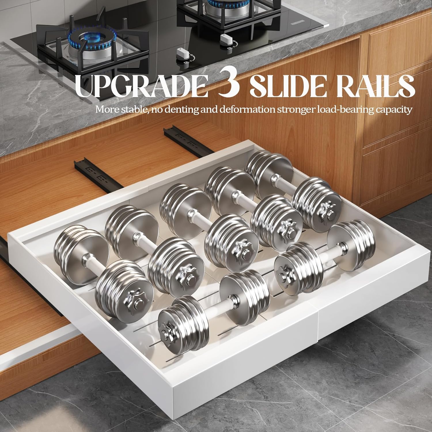 Thumbnail 4 de Seinloes 4 Pack Expandable Pull Out Cabinet Organizer — 21" Deep with Raising Pads, 3-Rail Quiet Slide, No-Drill Install, 15.1"–26.3" Width, White