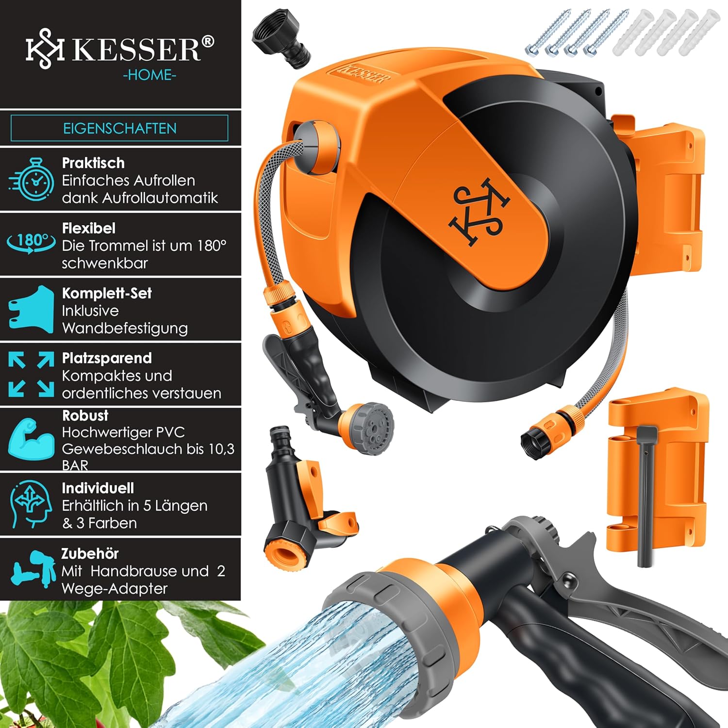 Thumbnail 1 de KESSER® Schlauchtrommel 30 m mit Wandmontage – automatisches Zurückziehen, 180° Schwenkbar und 7‑fach verstellbare Handbrause