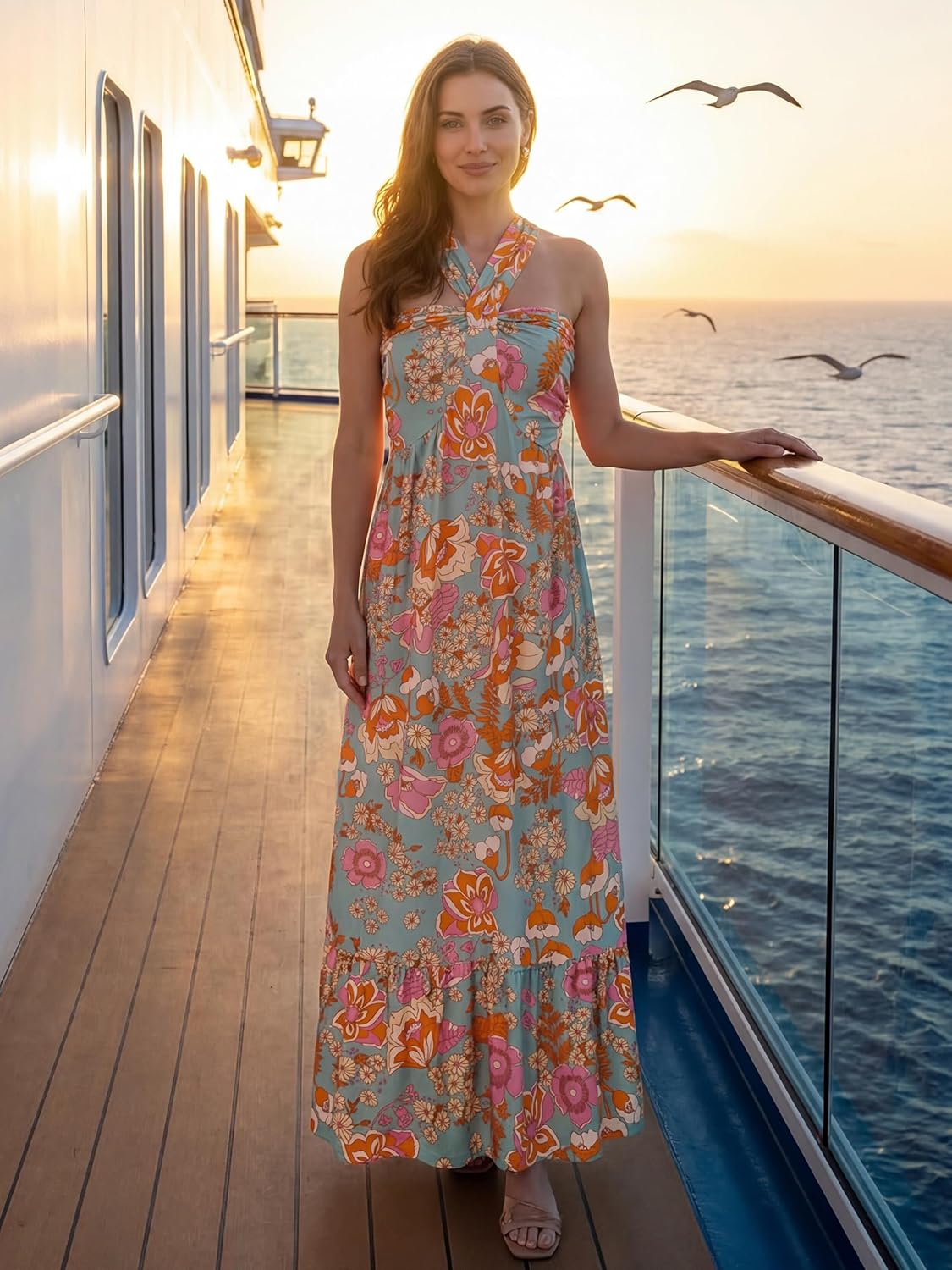 Detalle de Grace KARIN Women's Summer Floral Maxi Dress with Halter Neck and Pockets