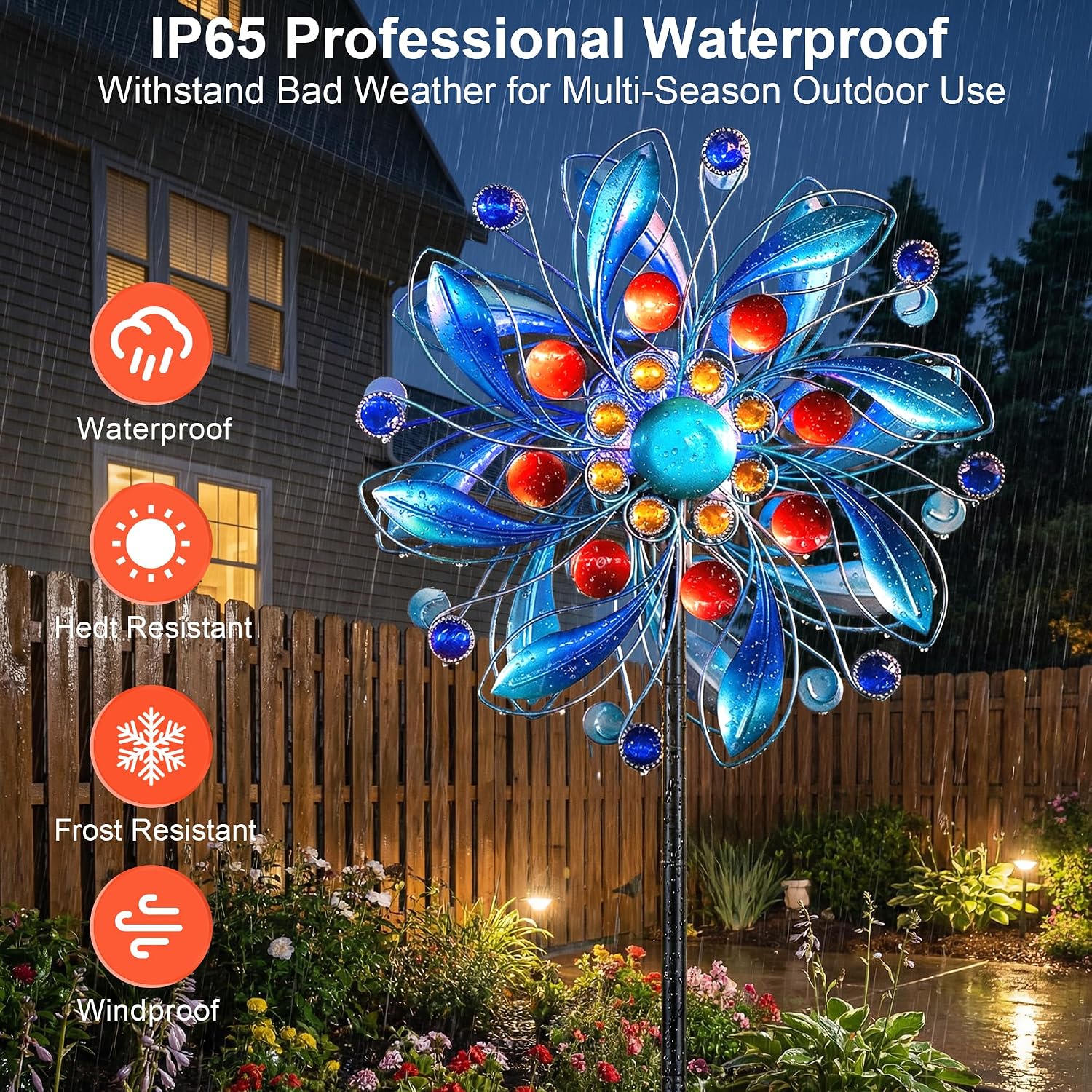 Detalle 2 de MXwcy LT00217S1 Solar Wind Spinner, Blue Floral Metal Decor with Solar Light