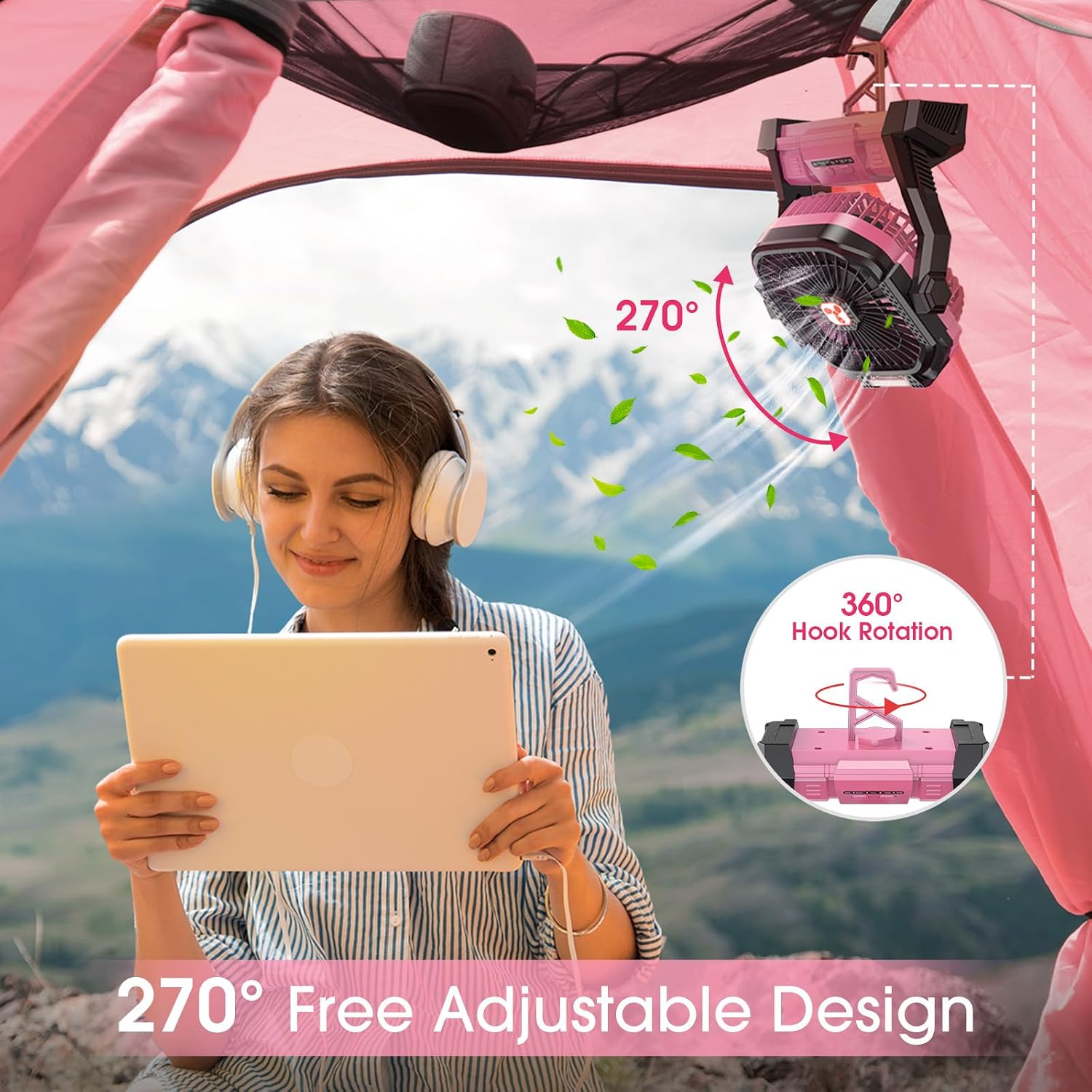 Detalle 2 de ONLYNEW 20000mAh Portable Fan with LED Lantern, USB-C Charging, Pink
