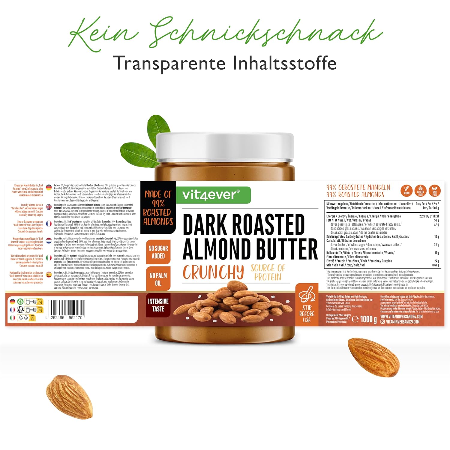 Detalle 2 de Vit4ever Mandelbutter Extra Crunchy 1 kg – Dark Roasted, 24% Protein, vegan, ohne Palmöl