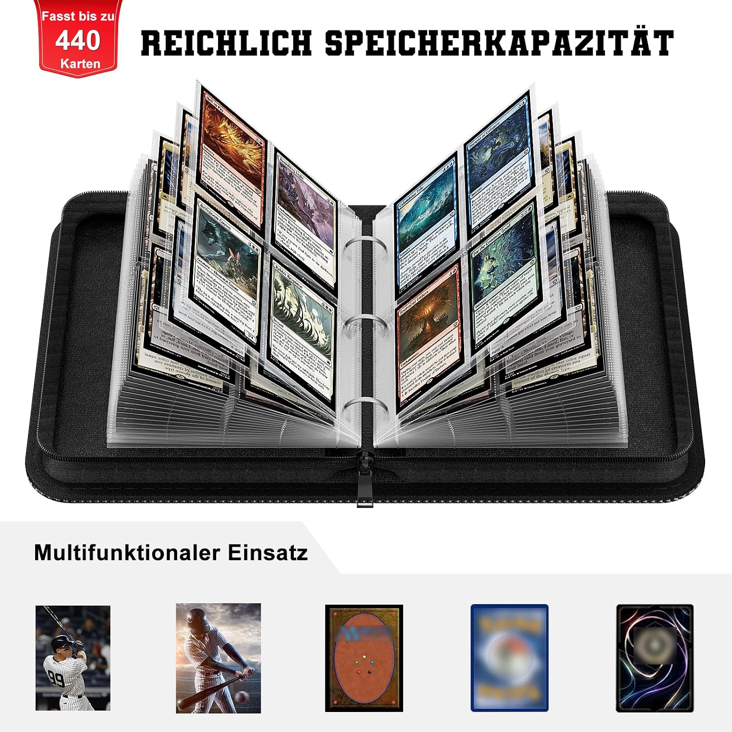 Detalle de Mlikero Sammelalbum für Sammelkarten (für bis zu 440 Karten) – 4 Taschen, 55 doppelseitige Seiten im 3-Ring-Design