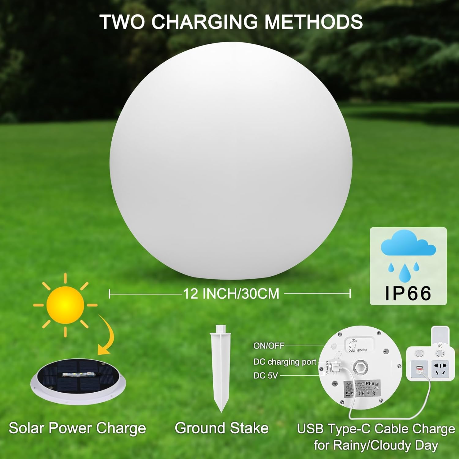 Thumbnail 3 de 2er-Set WRGB Solarleuchte Kugel 30 cm – Fernbedienung, 16 Farbwechsel, IP66, USB-C/ Solaraufladung
