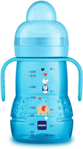 Detalle de MAM Biberon de transition 4+ mois, 220 ml, bleu – tétine débit 3 et bec antifuites