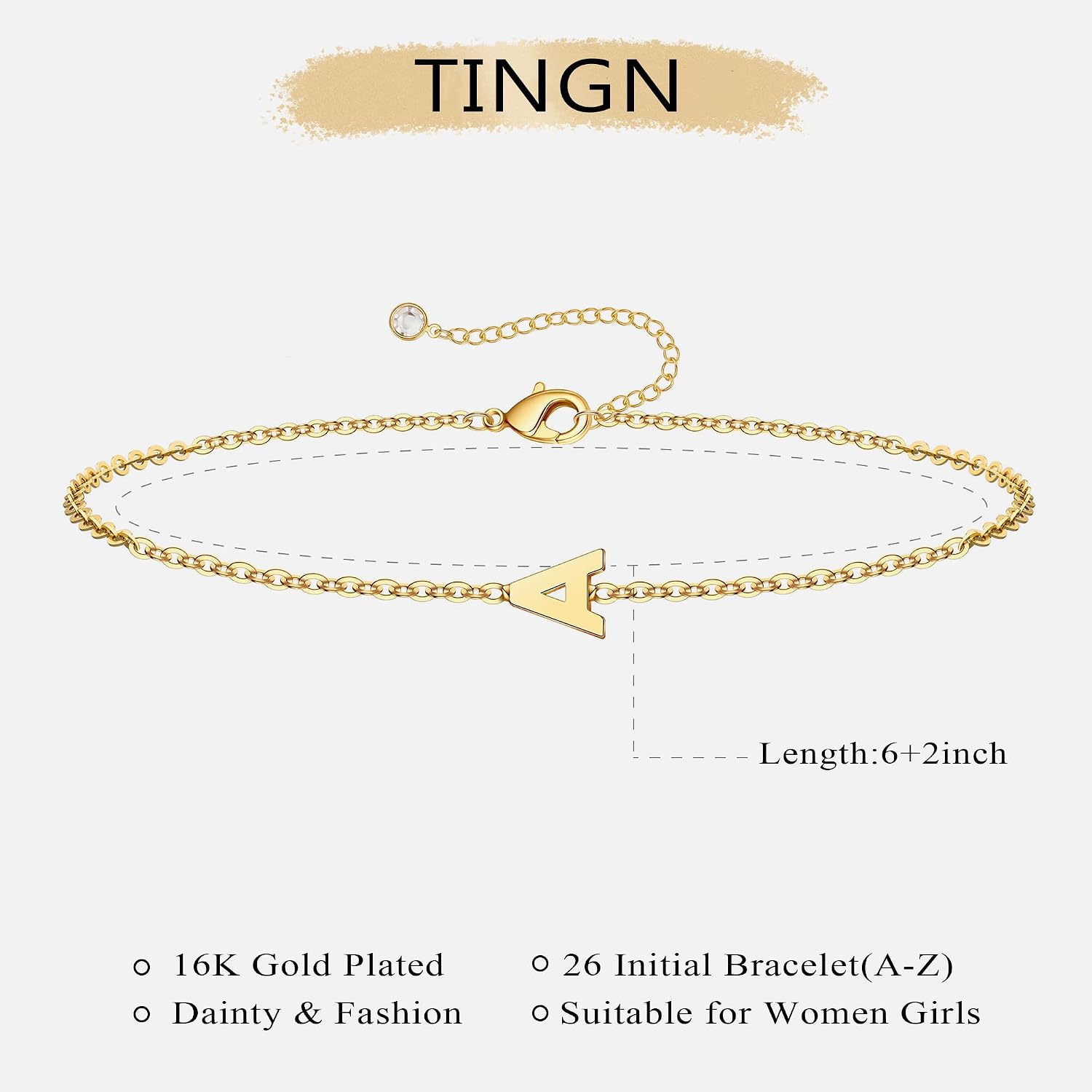 Thumbnail 5 de TINGN Gold/Silber Armband mit Buchstaben – 18K vergoldet, zierlich und mit Verlängerungskette (15 cm + 5 cm)