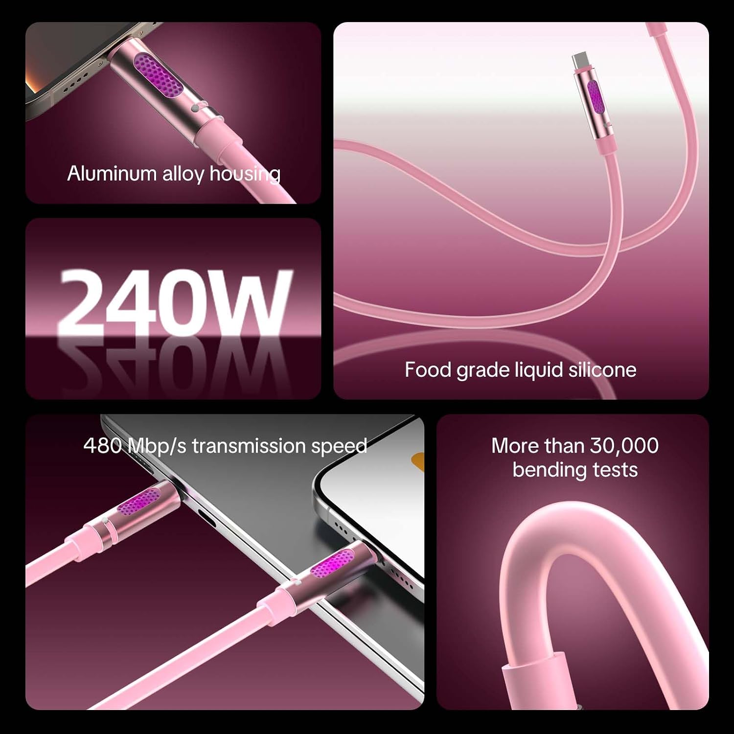 Thumbnail 6 de MFish 240W USB-C to USB-C Cable (PD 3.1 EPR) – 6FT Pink