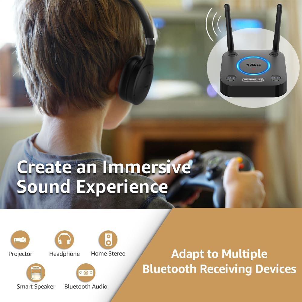 Detalle 2 de 1Mii B06TX Bluetooth 5.3 TV Transmitter for Two Headphones, aptX Low Latency