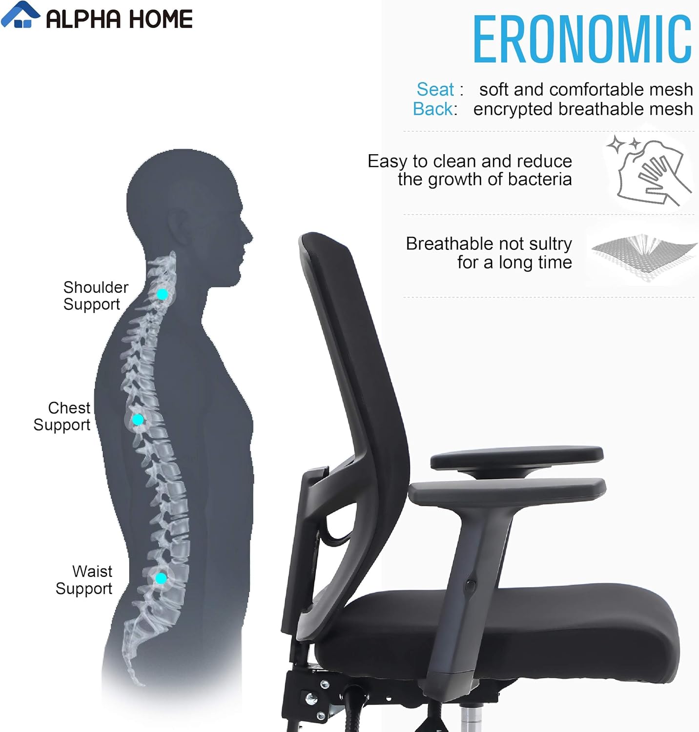 Detalle 2 de ALPHA HOME Silla de oficina ergonómica 🪑 - Soporte lumbar ajustable