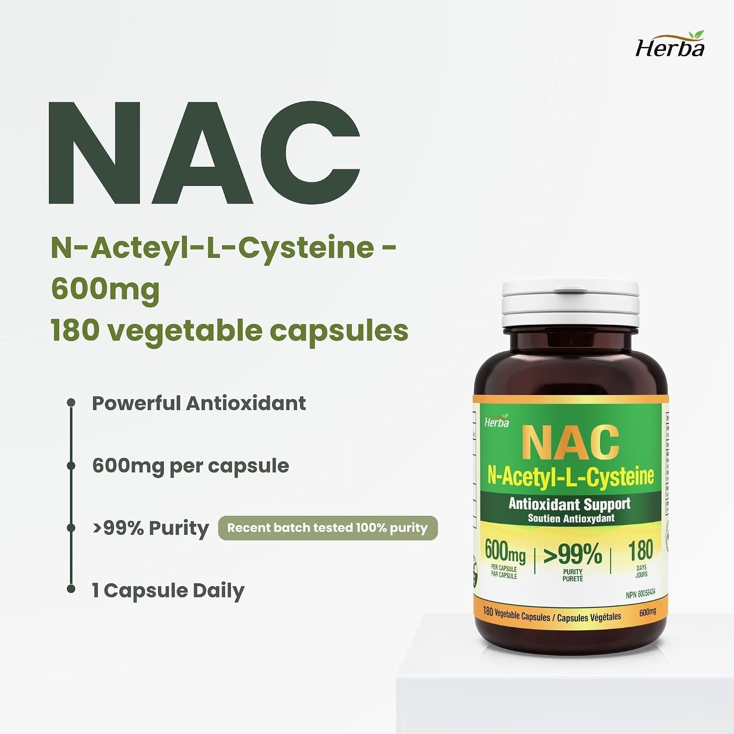 Detalle de Herba NAC Supplements 600 mg Capsules, 180 Count, Made in Canada