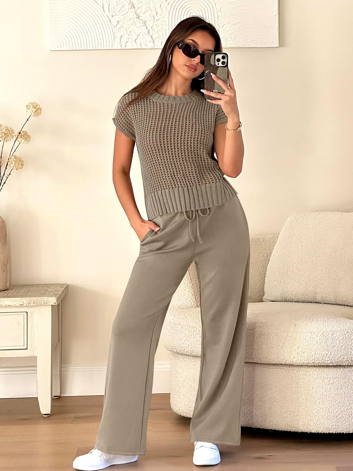 Detalle de ANRABESS Women's Two Piece Crochet Sheer Knit Sweater Set