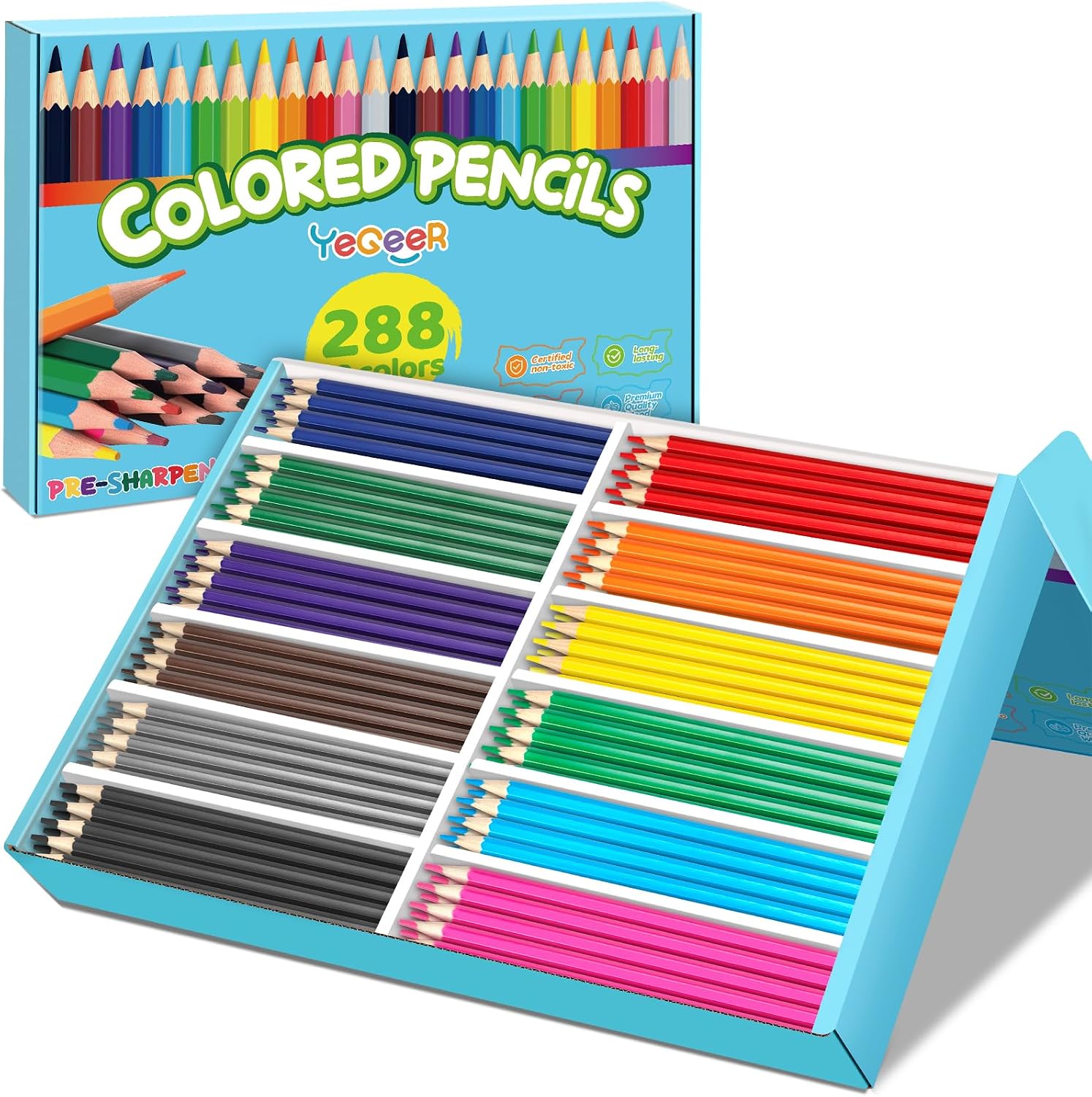 Detalle de YEGEER 288-Count Colored Pencils Bulk (12 Assorted Colors), Pre-sharpened Set