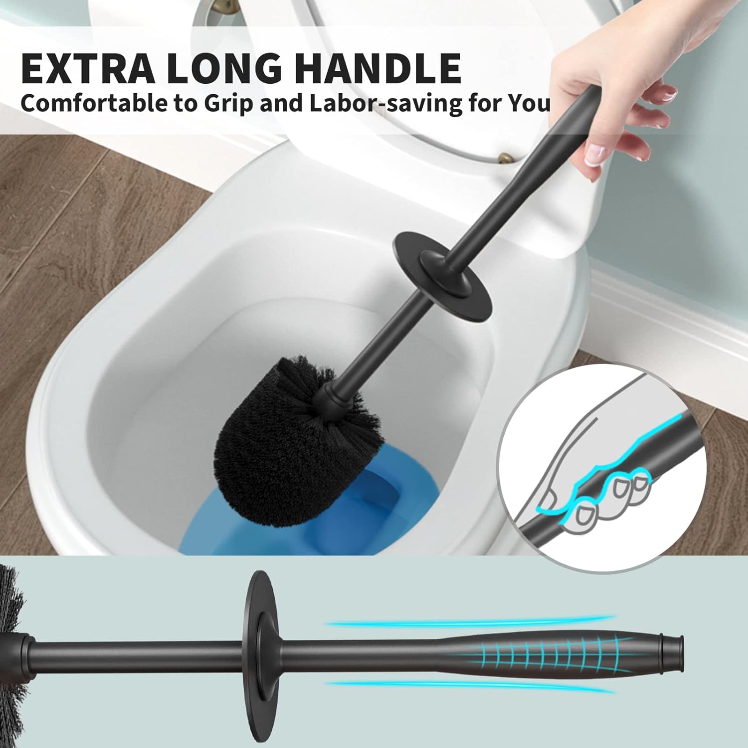 Thumbnail 3 de Toilet Brush and Holder 2 Pack (Black) with Extra Long 16" Handle and Covered Holder