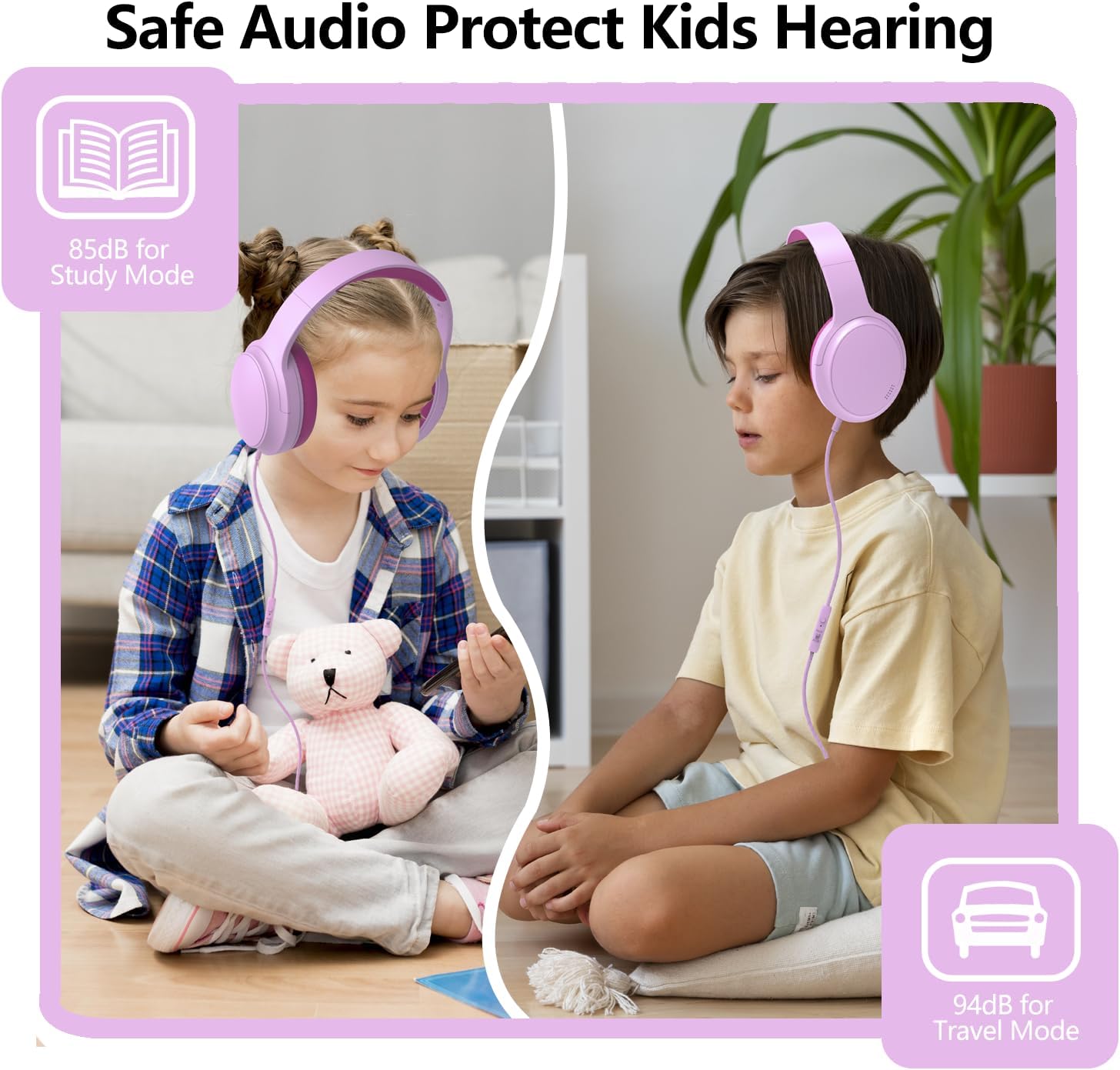 Thumbnail 1 de Usoun Kids Headphones: Wired Over-Ear with 85/94dB Volume Limiter (Pink)
