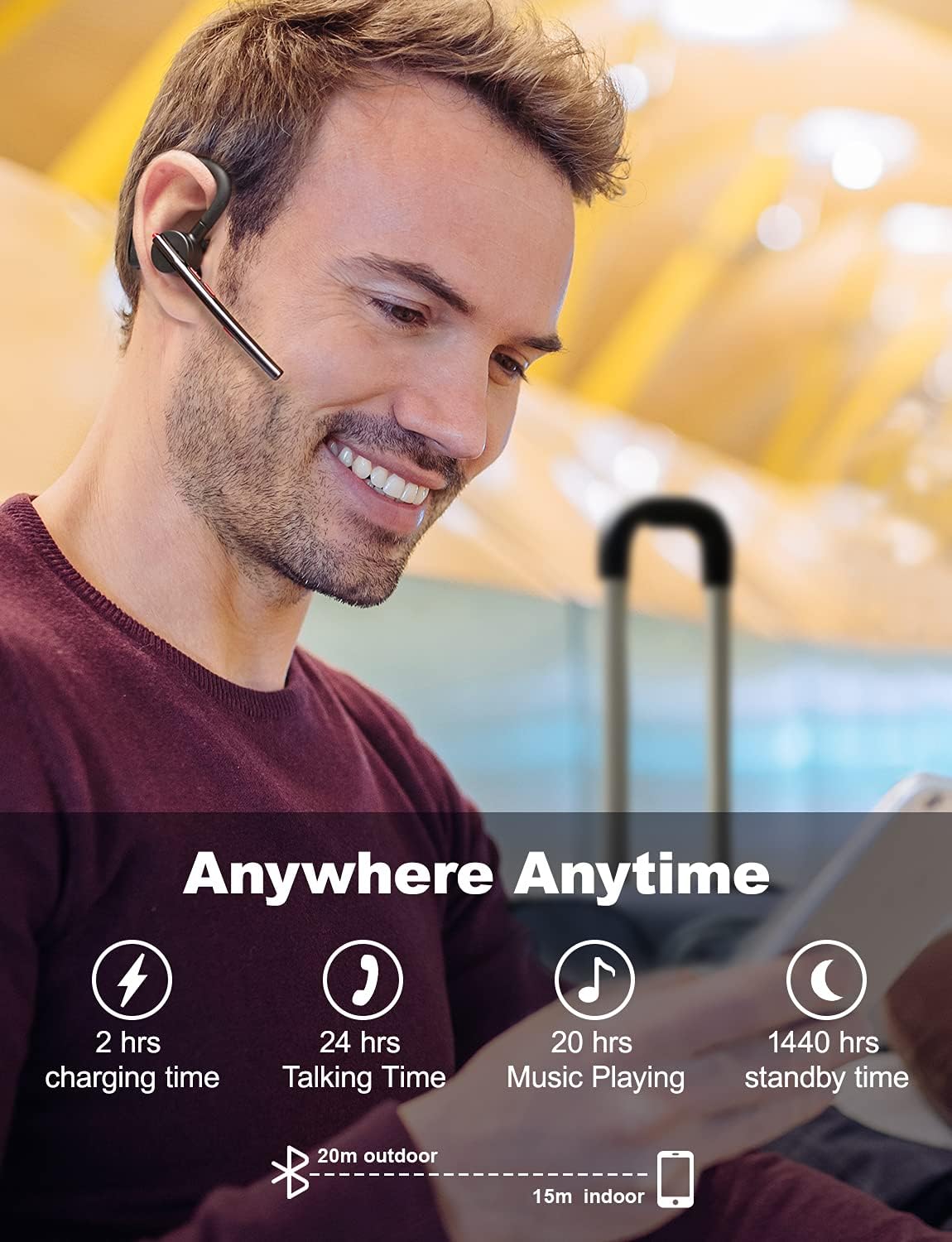 Detalle de New Bee Bluetooth Headset Handsfree: Lightweight 24h Talk Time, ENC Noise Reduction and Dual Mics