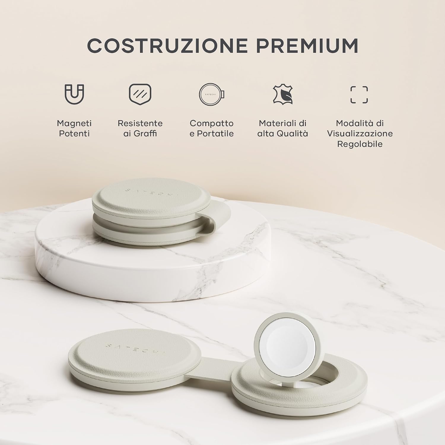 Detalle de SATECHI OntheGo 2-in-1 Caricatore Wireless Pieghevole Qi2 15W/5W per iPhone, Apple Watch e AirPods – Beige