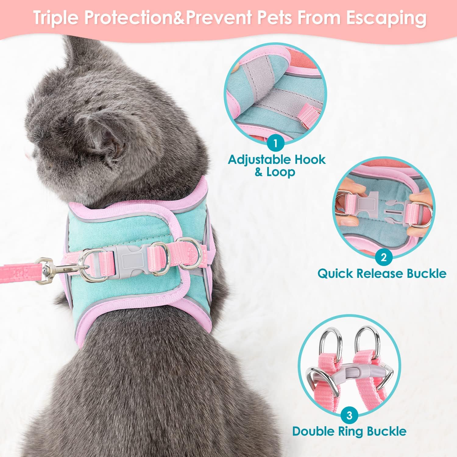 Thumbnail 2 de Eyein Cat Harness and Lead Set for Walking – Adjustable Faux Suede Escape-Proof Kitten Vest Harness with Reflective Strip (L)