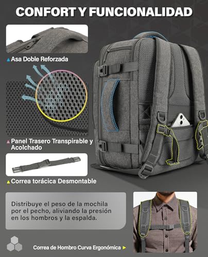 Detalle de Mochila VANKEV de cabina extensible para viaje: 32–40 L, 45x36x20–25 cm, 15,6'' portátil