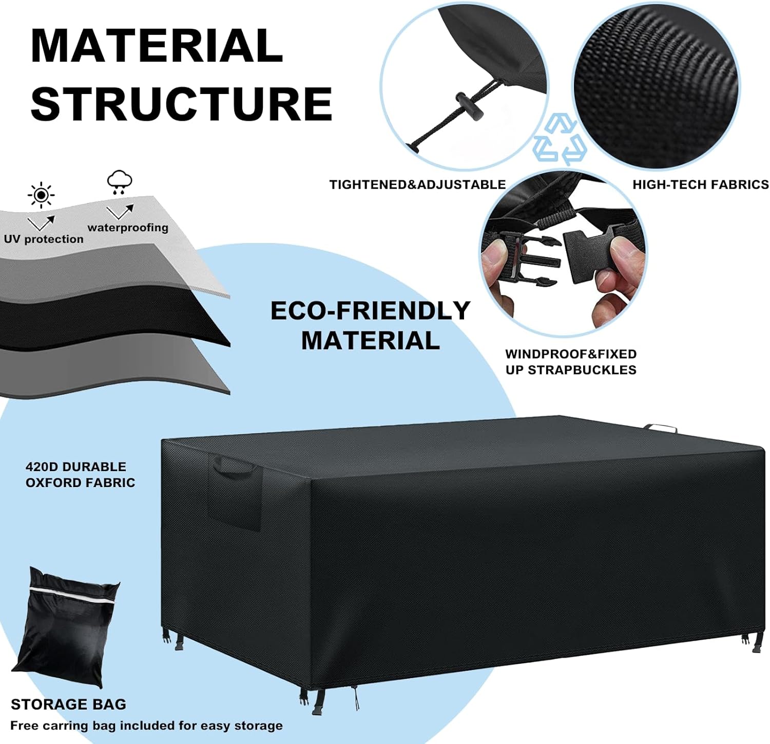 Thumbnail 1 de WUAYAMI Gartenmöbel-Abdeckung aus 420D Oxford-Gewebe, wasserdicht & winddicht, 170×94×71 cm, Schwarz